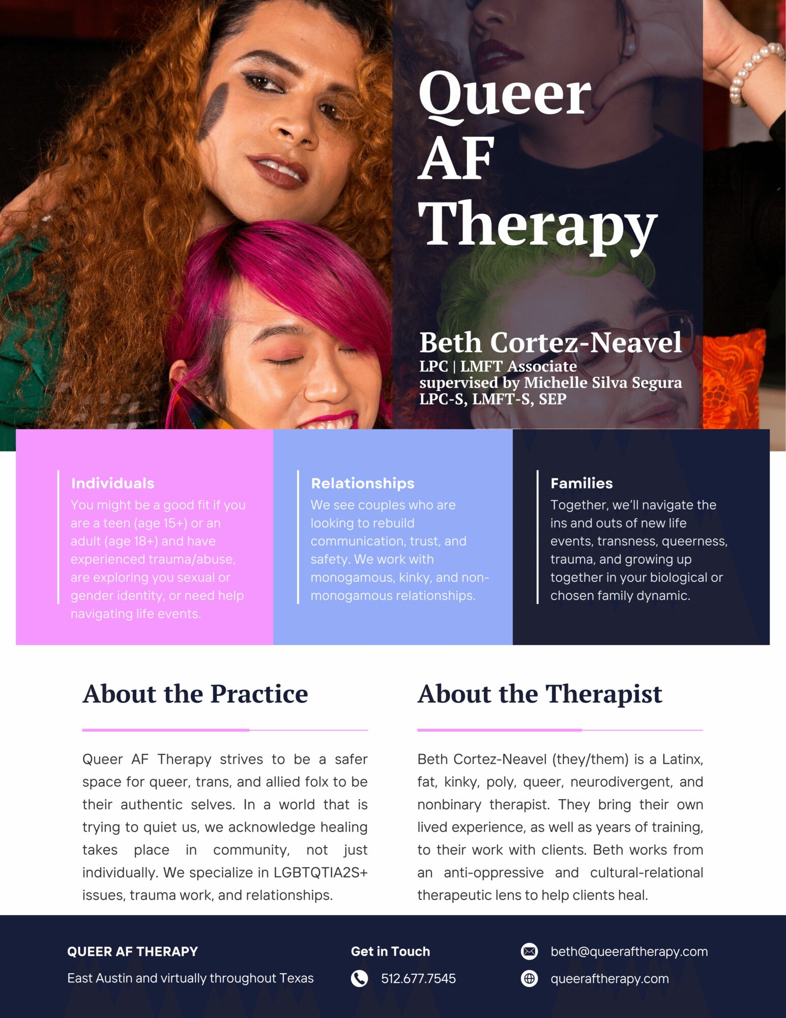 Two women, one with curly hair and the other with pink hair, smiling, with text about Queer AF Therapy and therapist information.