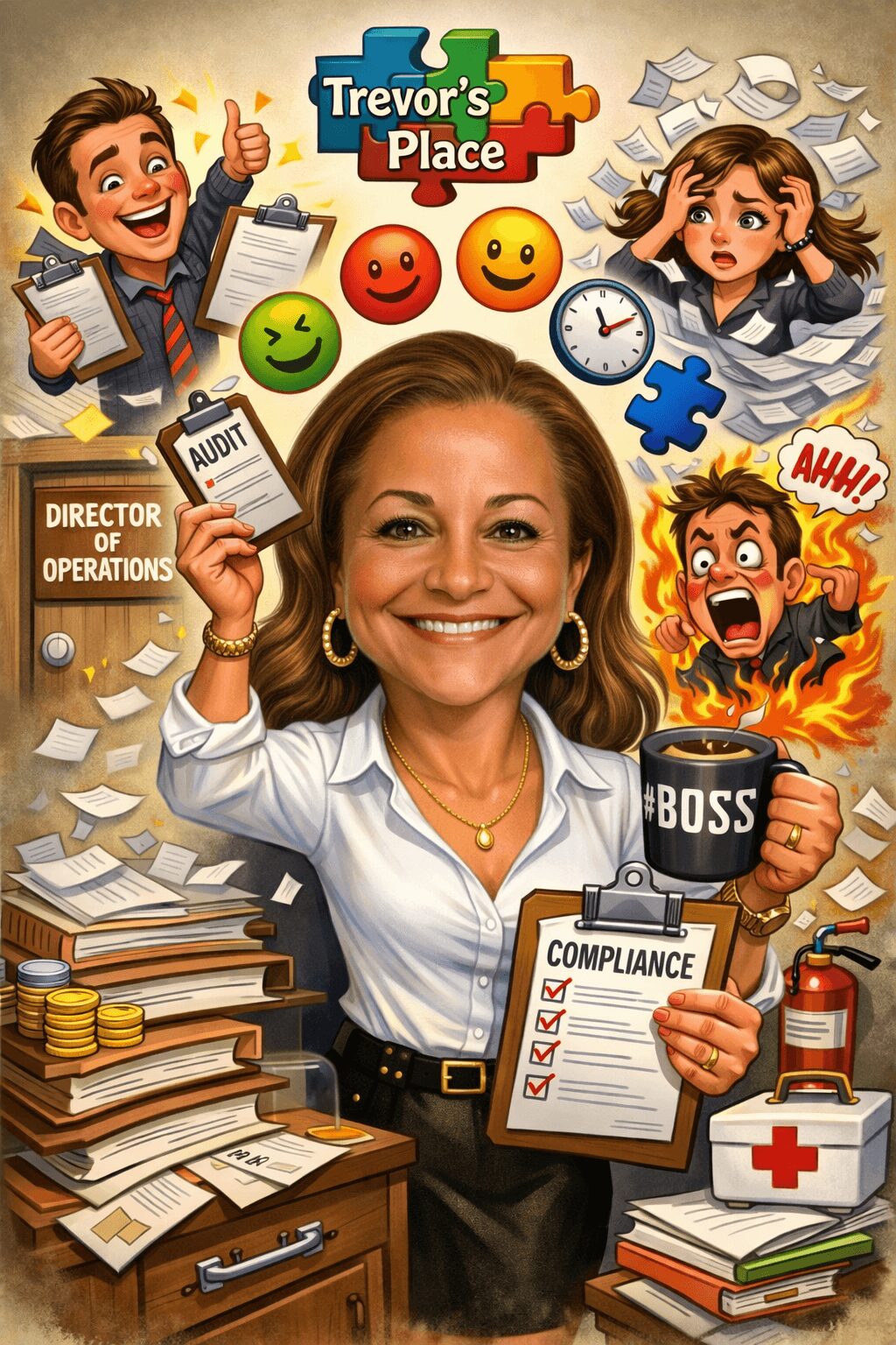 Woman smiling holding a clipboard and coffee mug, surrounded by office items, children, and colorful icons.
