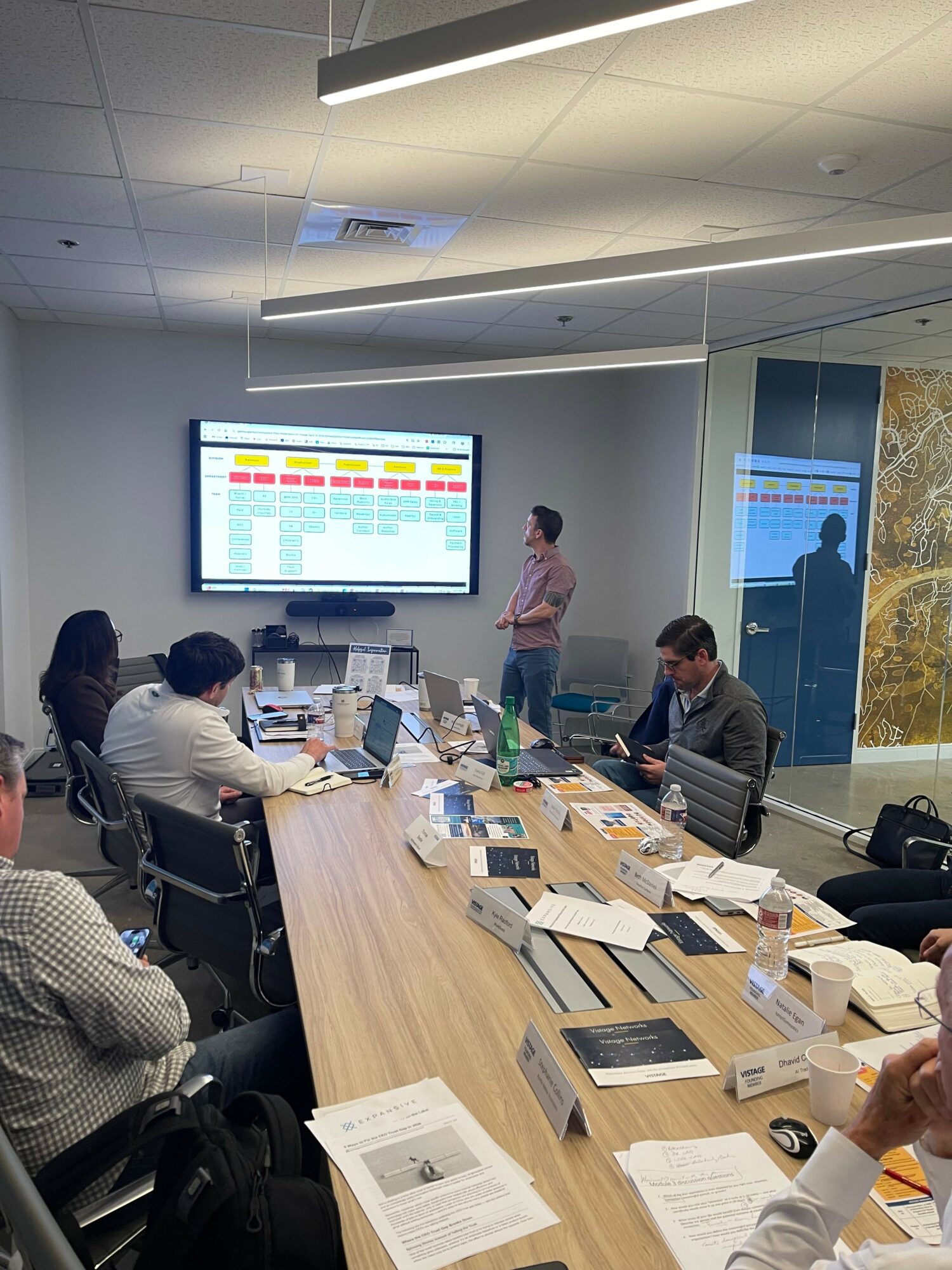 Person standing at front of room presenting to seated group with laptops, papers, and a large screen displaying a colorful chart.