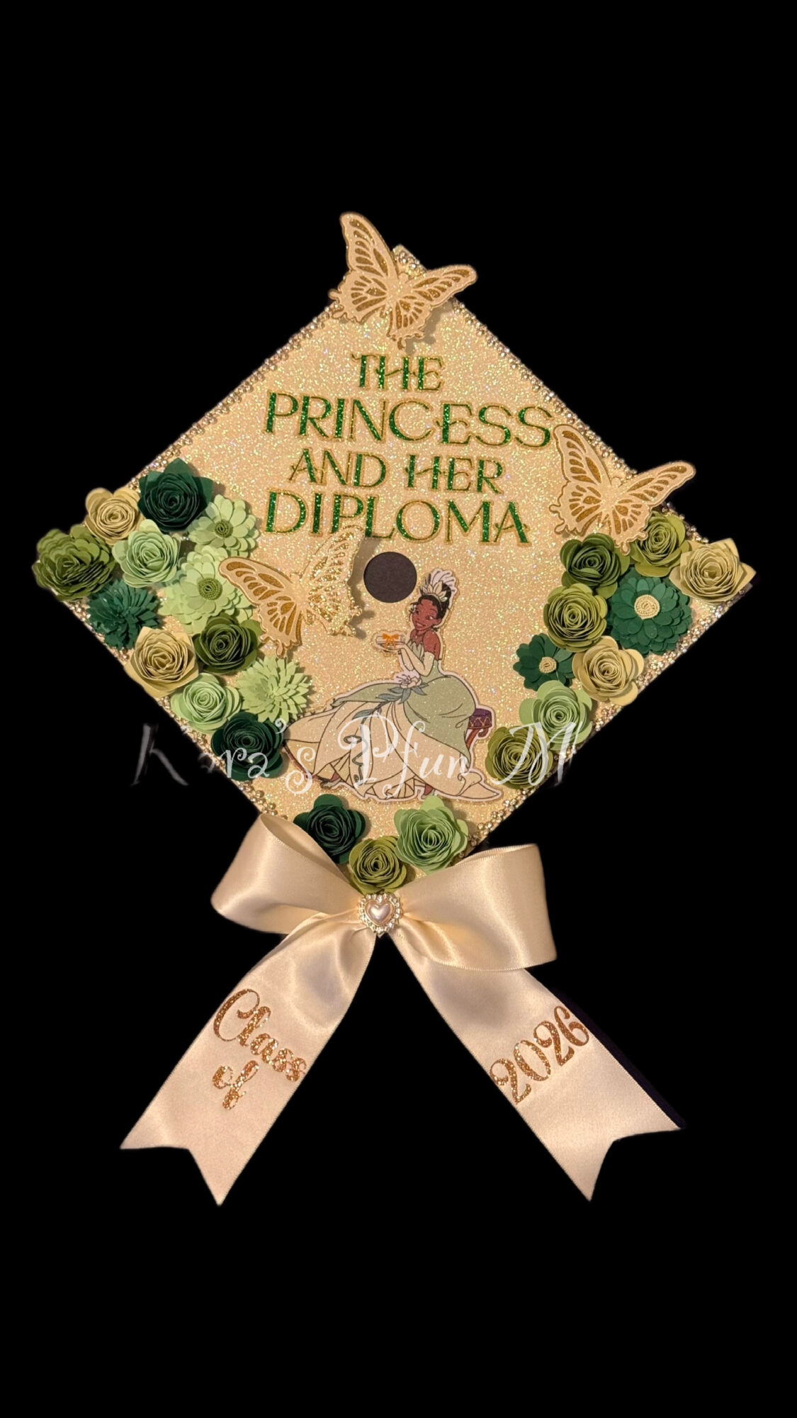 Decorative diploma with green roses, a butterfly, and a ribbon, celebrating a princess and her diploma.