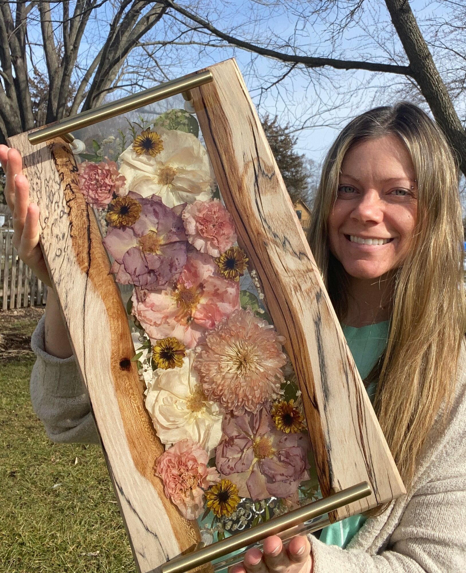 Wood serving tray with preserved wedding bouquet flowers Conversations with Tina Bupp