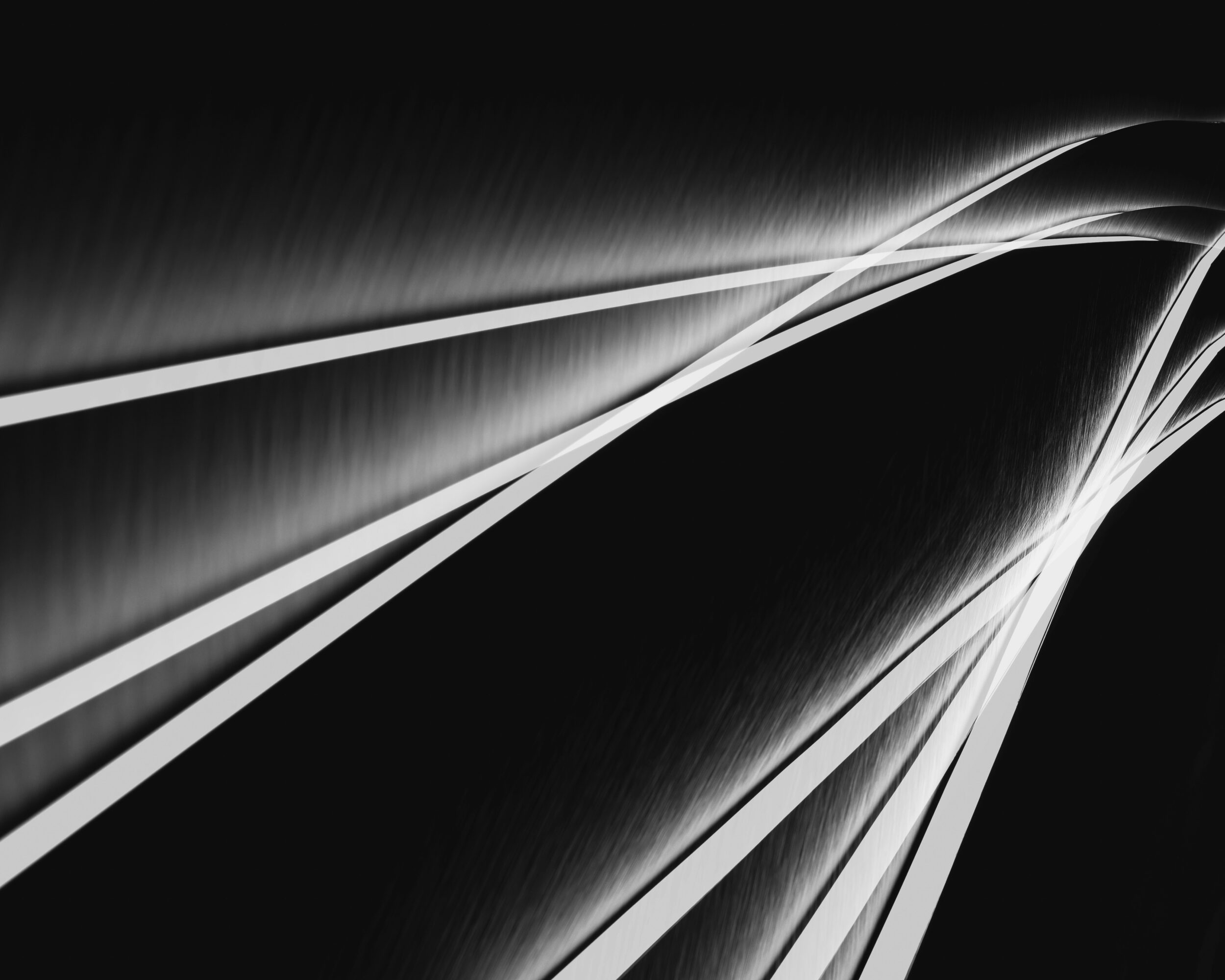 Abstract black and white curved lines with light streaks, creating a dynamic pattern.