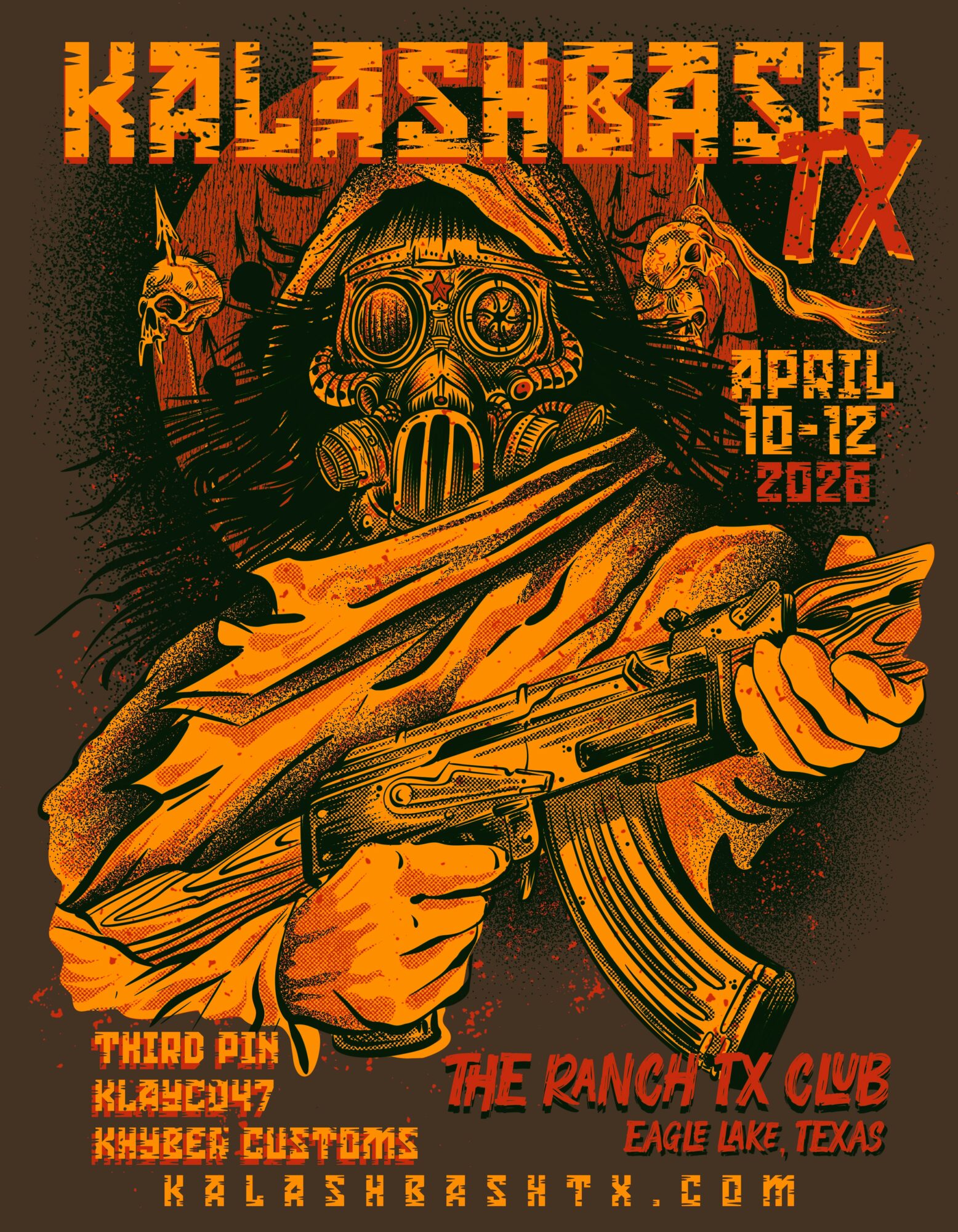 A masked figure in a gas mask holding a gun, with text about an event in Texas, 2026, and a website.
