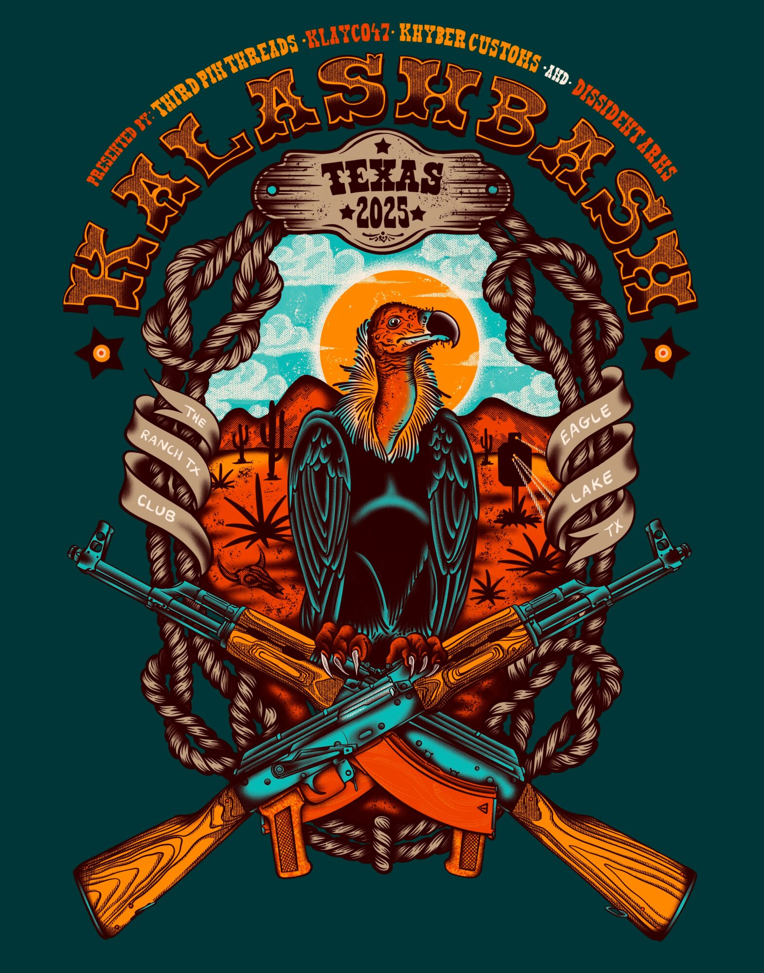 A stylized eagle with a sunset background, crossed rifles, and decorative rope framing, with Texas-themed text and design elements.