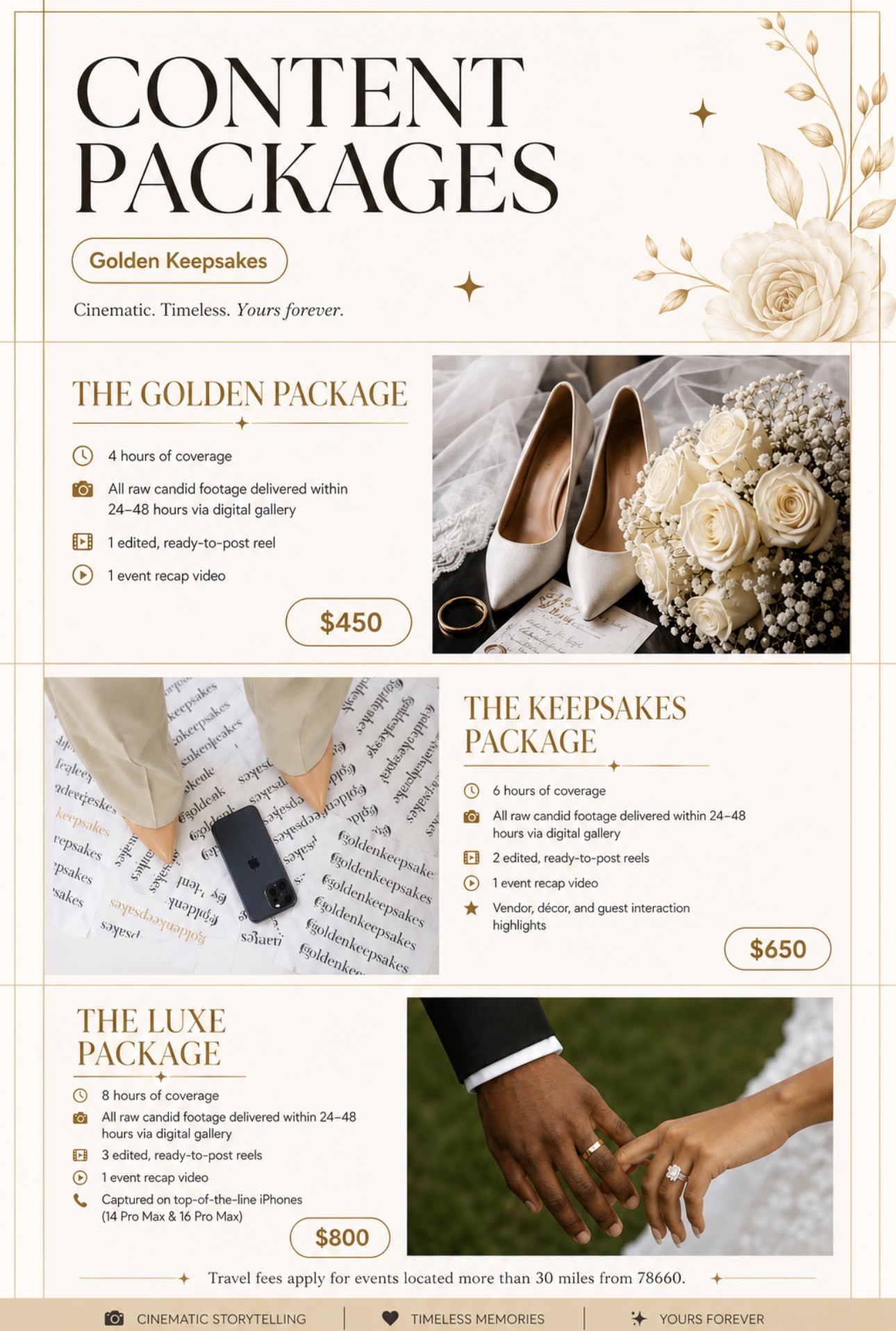 Content packages for wedding keepsakes, including golden, keepsakes, and lune packages, with images of shoes, flowers, and hands, and prices listed.