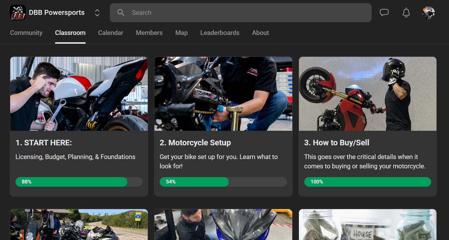 Screenshot of a website with three sections about motorcycle setup, buying, and selling, featuring images of people with motorcycles.