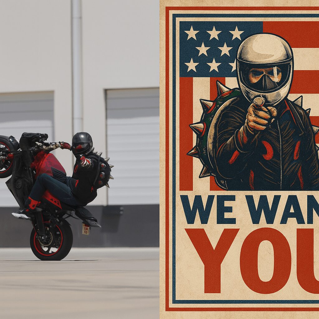 Person performing a wheelie on a motorcycle in front of a building, with a poster of a person in a helmet and leather jacket pointing forward, American flag background, and bold text. Word count: 20.