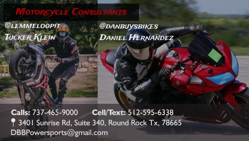 Motorcycle rider in black gear on red and blue motorcycle, person in black helmet and gear, outdoor background, text with contact info.