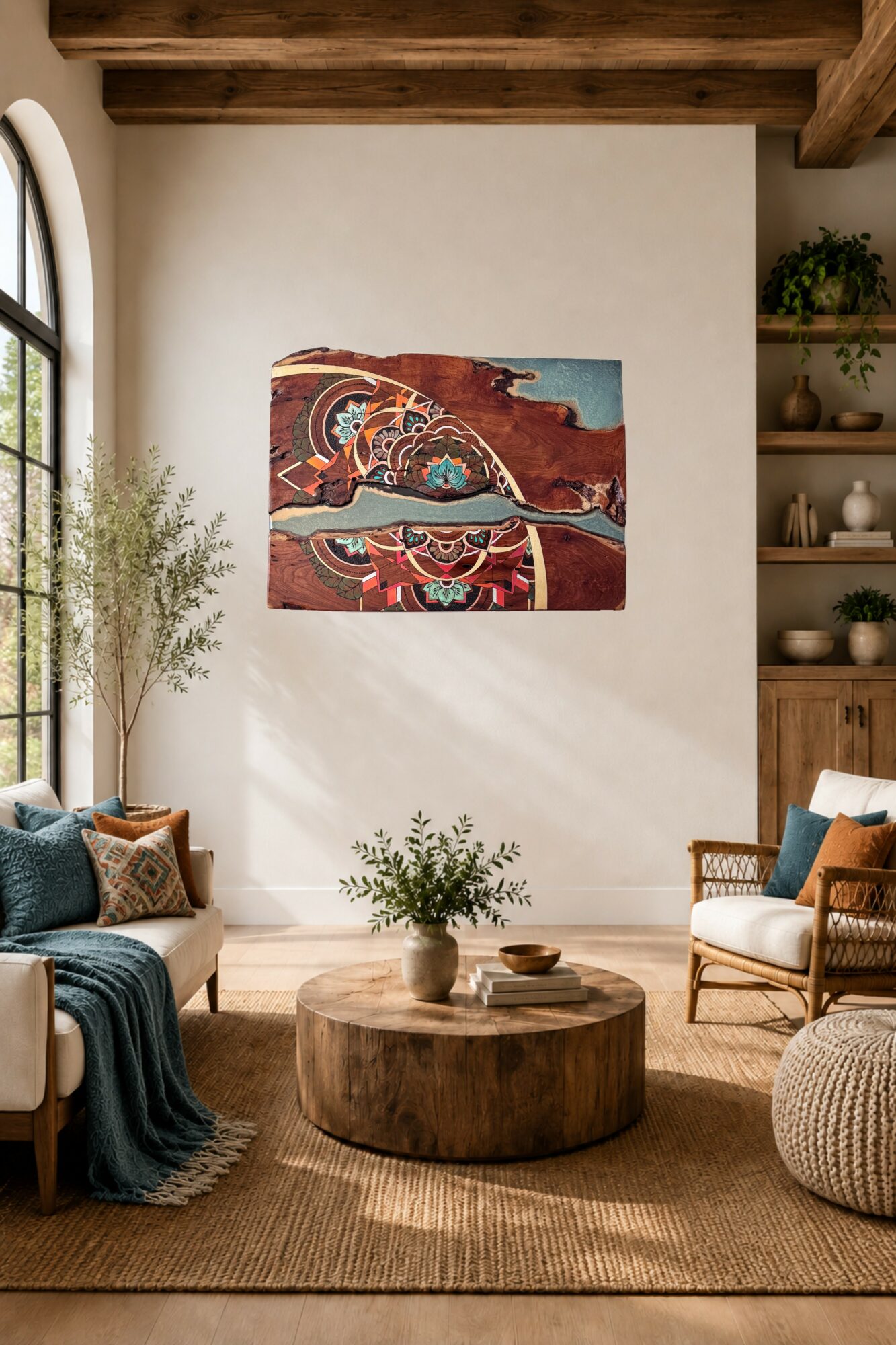 Living room with a painting on the wall, a round wooden table, and seating with cushions, sunlight streaming in.