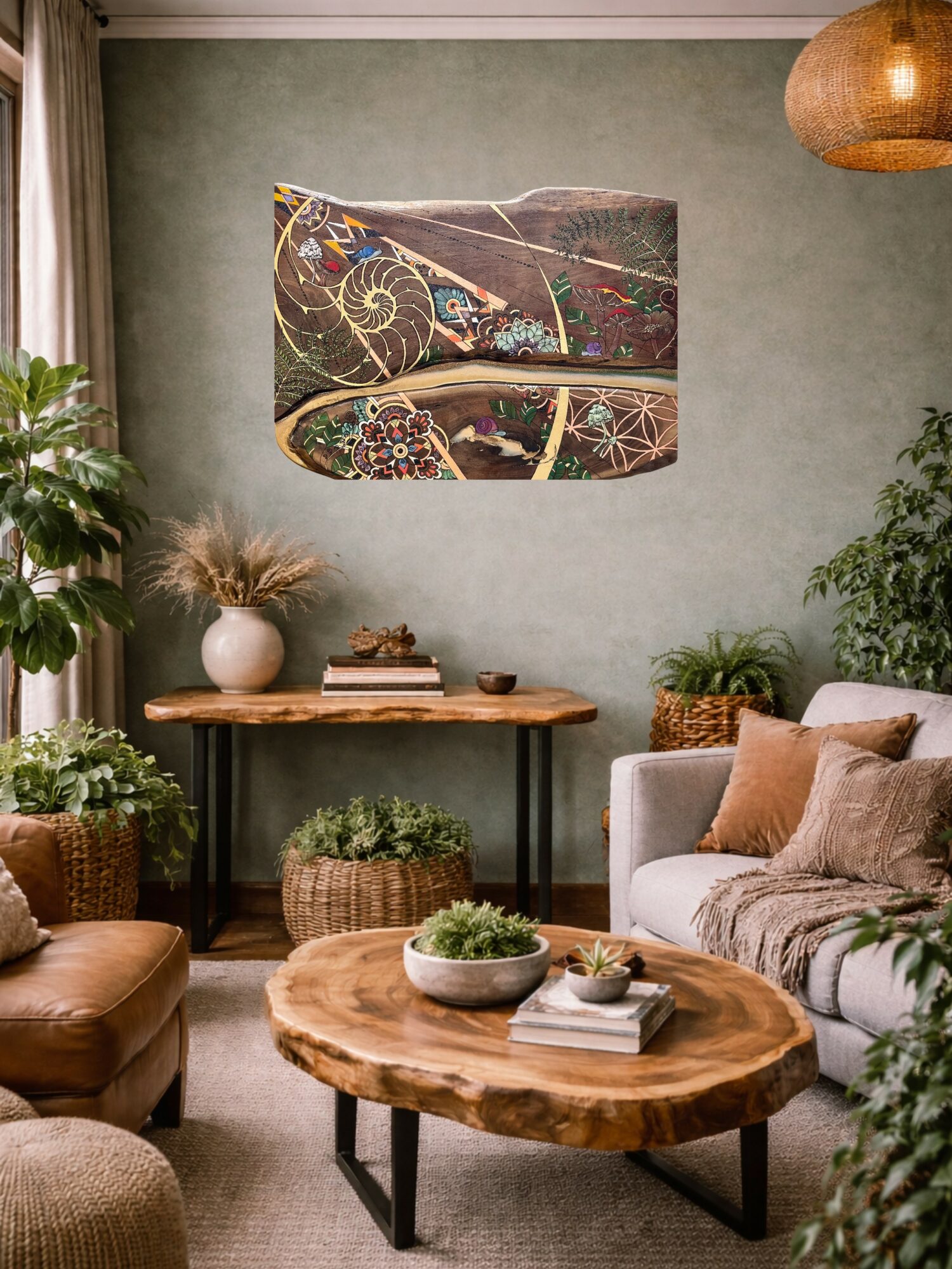 Living room with a wall art piece, sofa, coffee table, plants, and a wooden console, decorated in earthy tones.