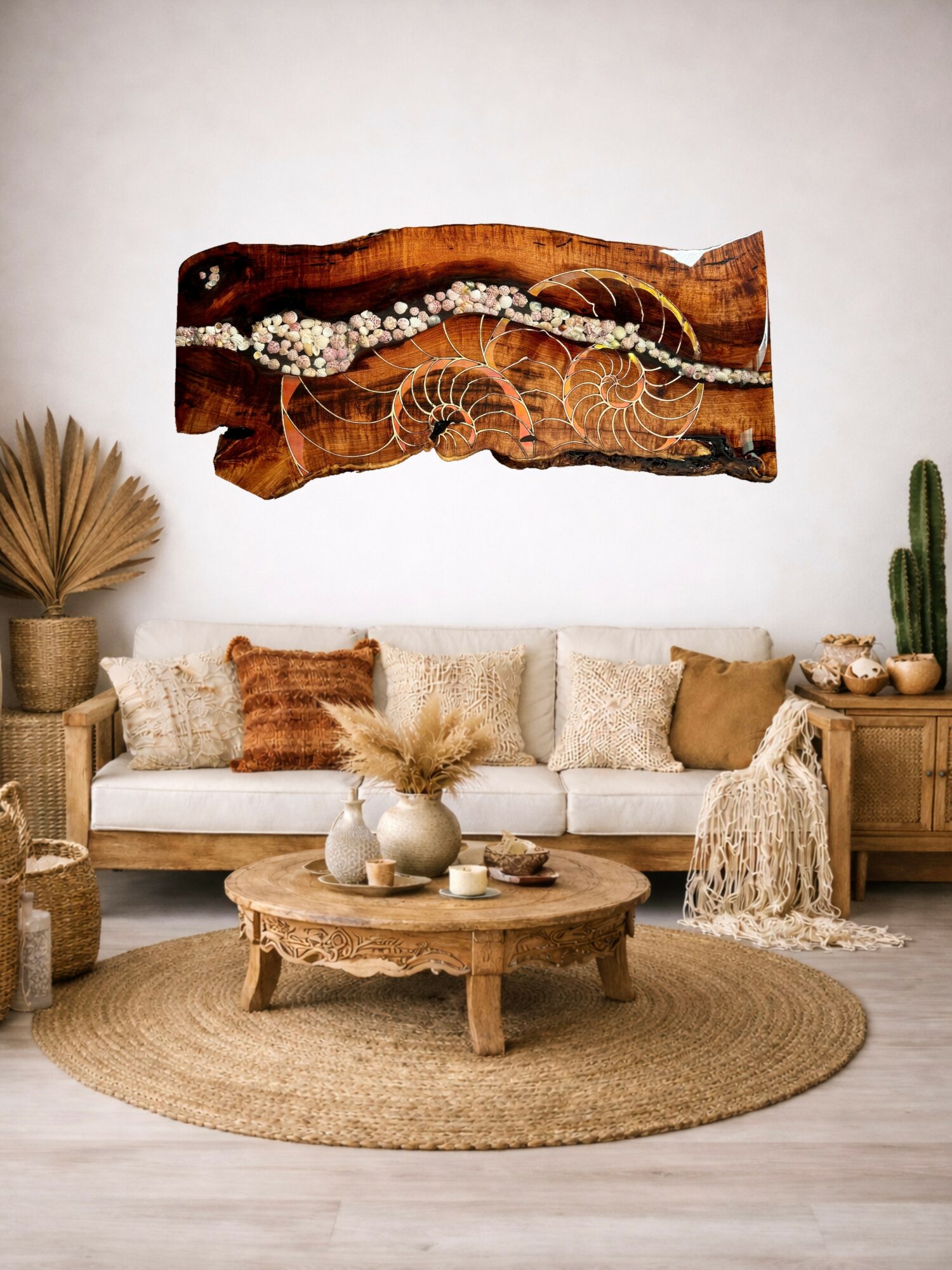 Living room with a white sofa, wooden coffee table, and wall art resembling a fossil or shell pattern, decorated with plants and cushions.