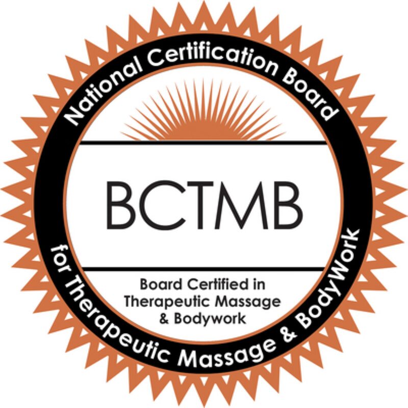 Seal with black and orange border, sunburst design, and text indicating certification in therapeutic massage and bodywork, BCTMB.