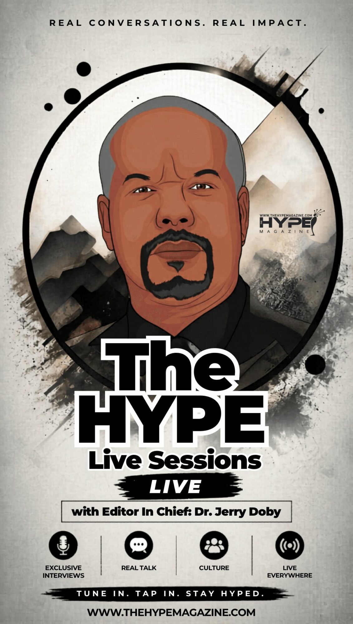 Illustration of a man with a bald head and goatee, with text about a live session titled 'The HYPE'.