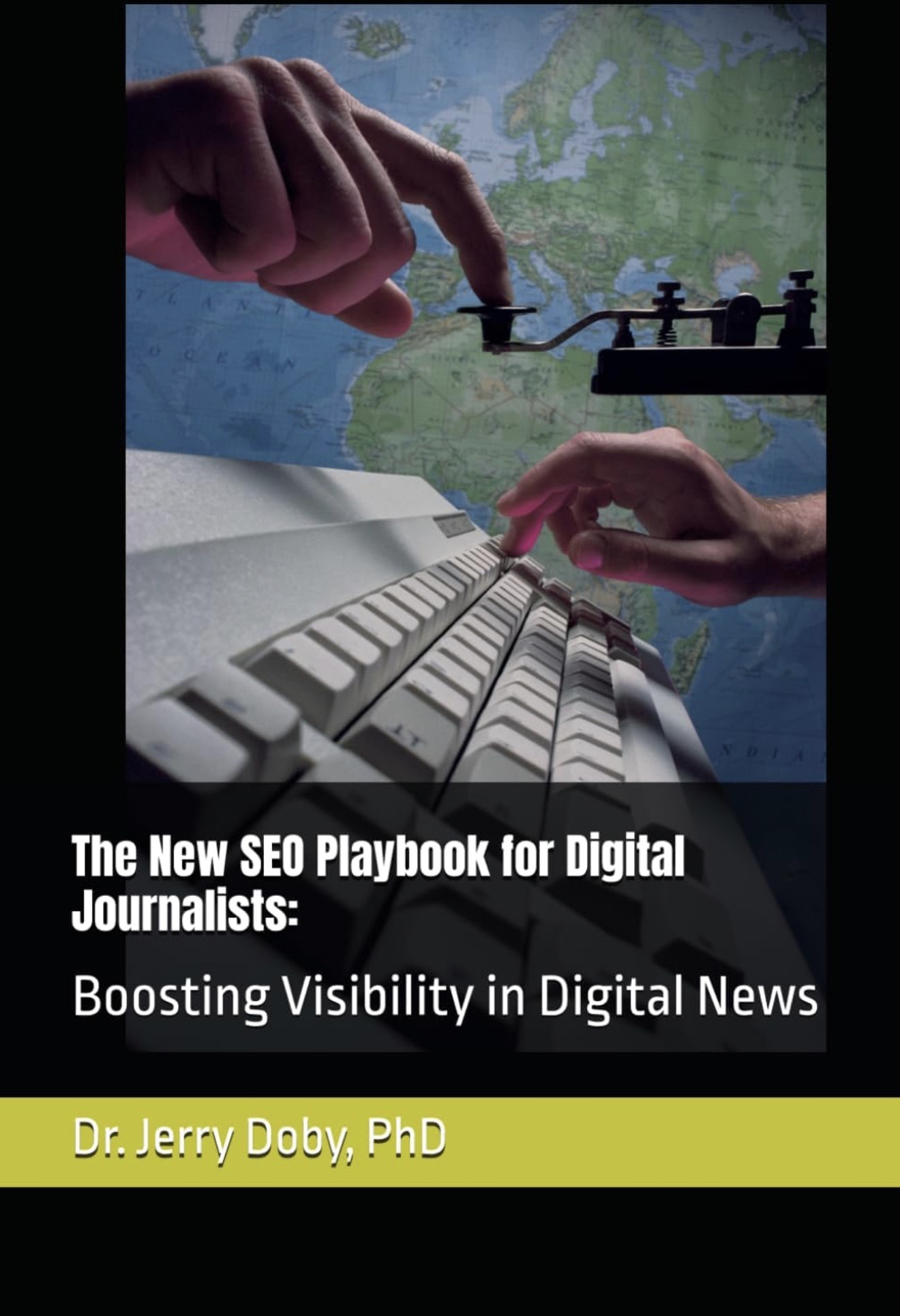 Hands adjusting a circuit board above a keyboard with a world map background, promoting digital news visibility.