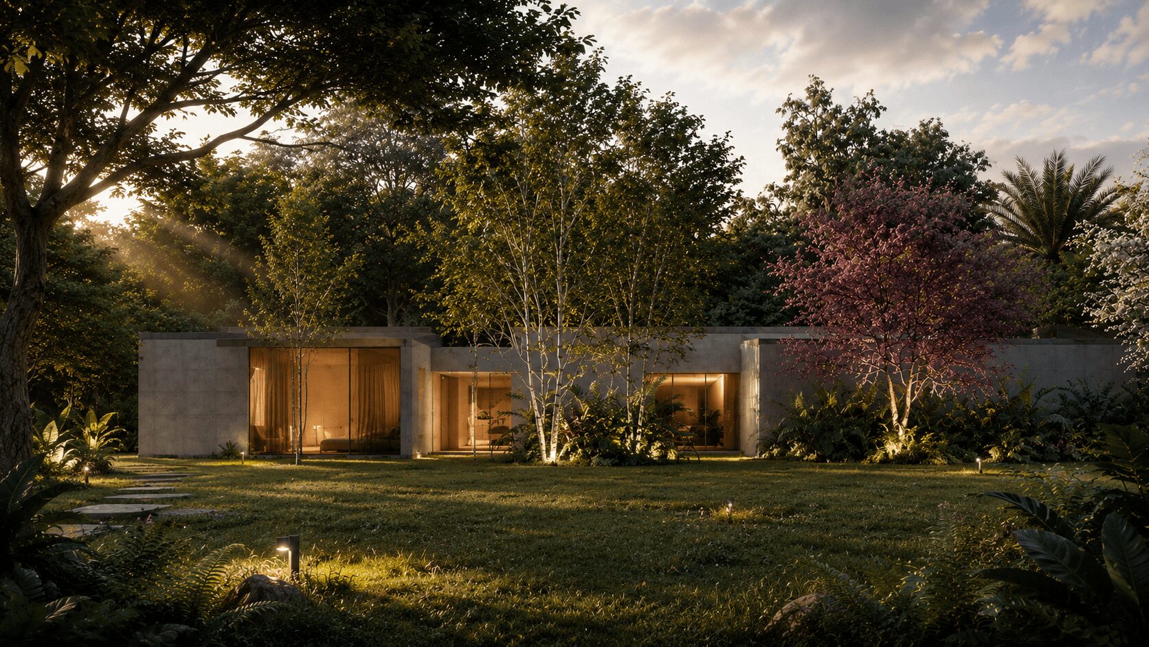 Modern building with three illuminated entrances surrounded by trees and a grassy landscape at sunset.