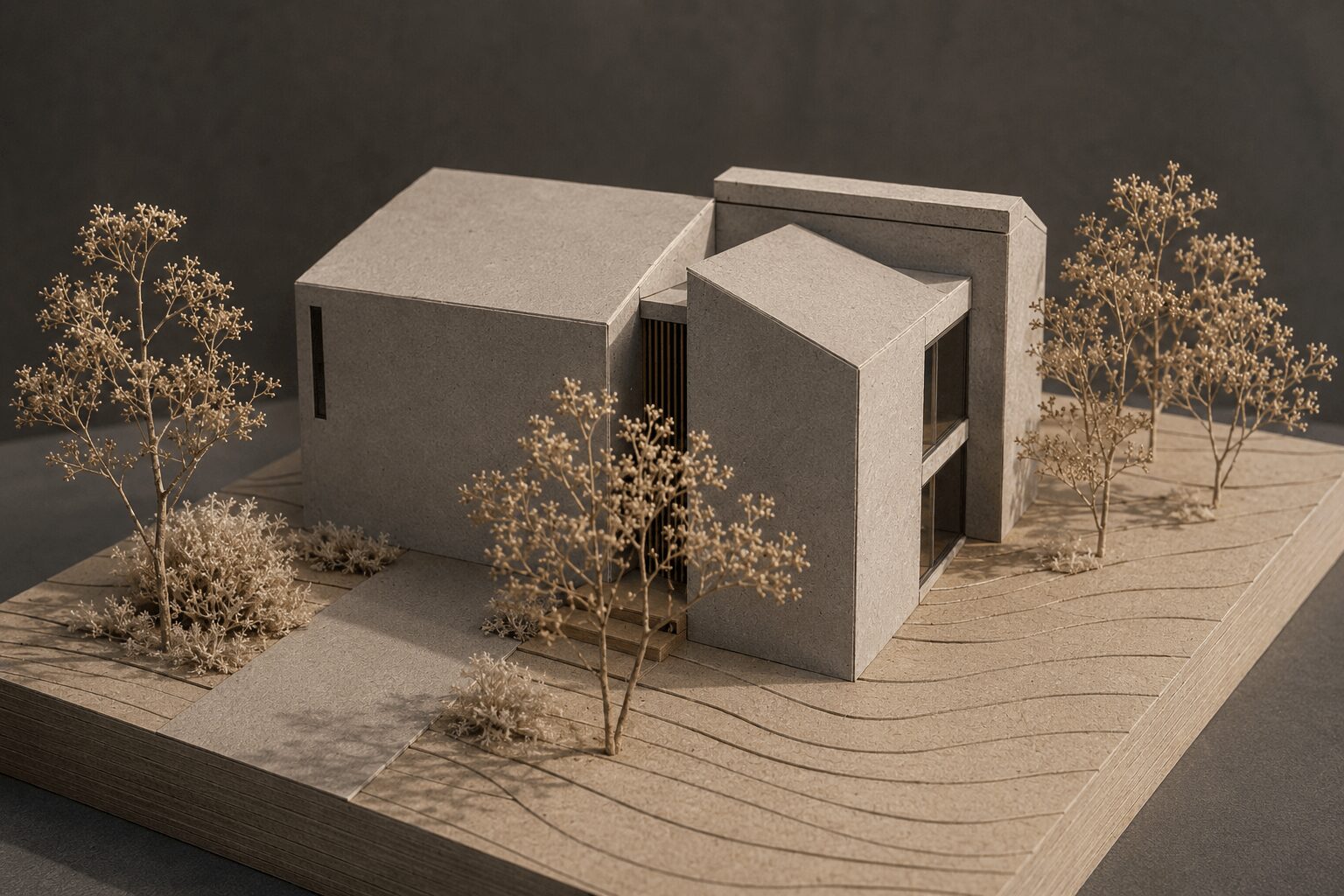 Architectural model of a modern building with trees on a base, featuring geometric shapes and open spaces.