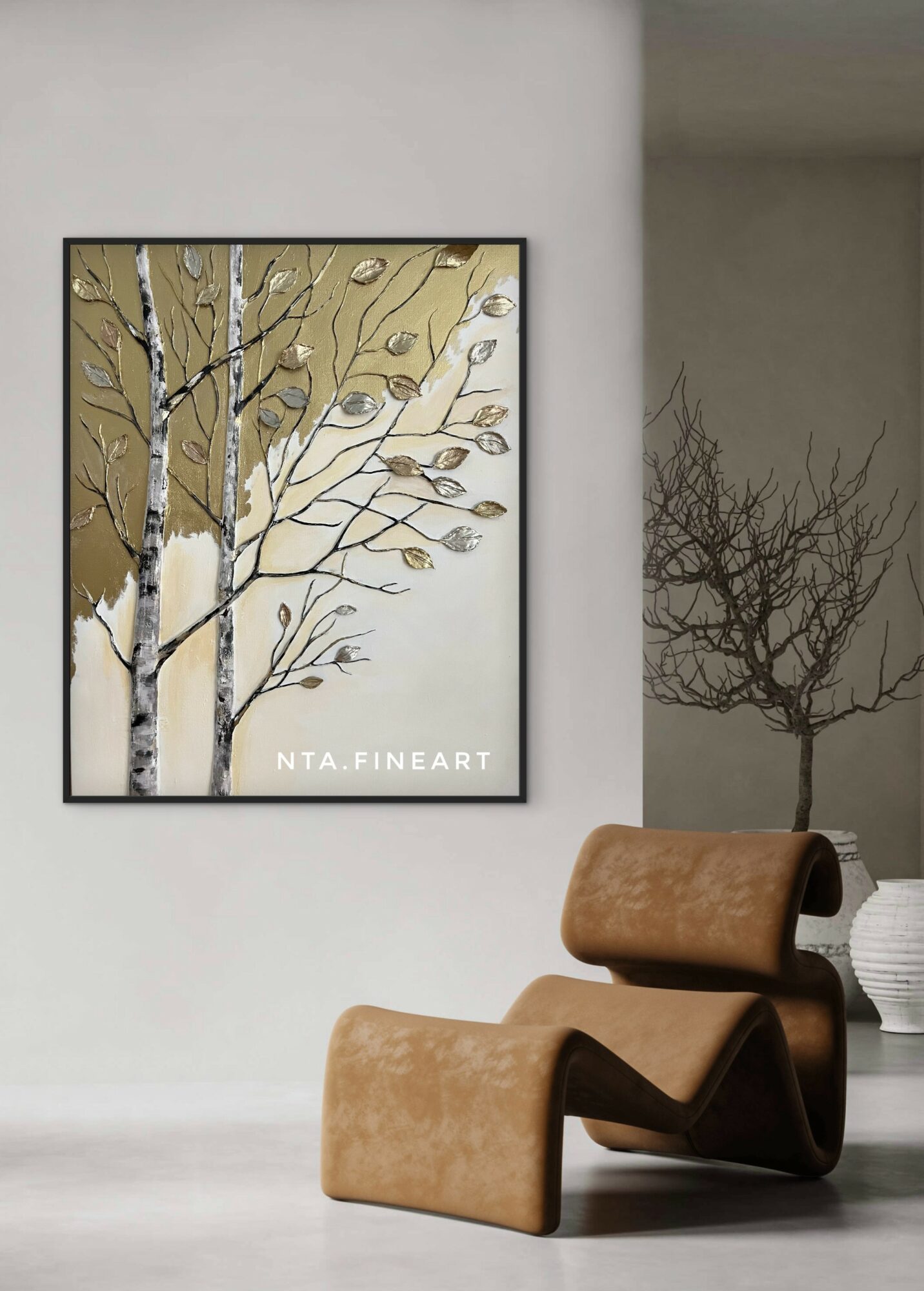 Modern room with a brown lounge chair, a potted plant, and a framed artwork of a tree with leaves, wall shadow included.
