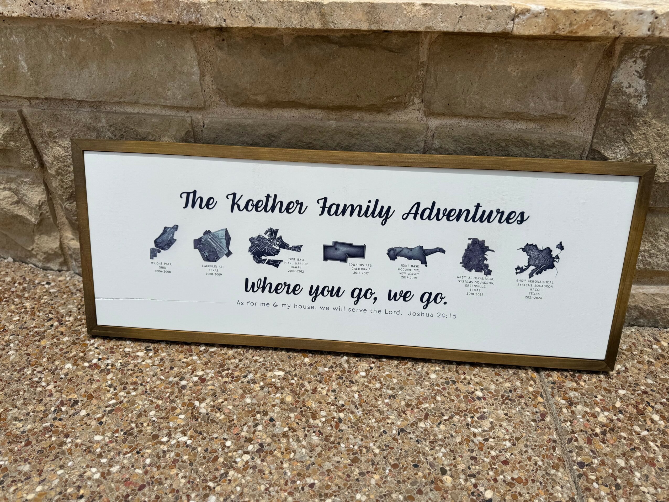 Framed sign with text and silhouettes of various U.S. states, titled 'The Koether Family Adventures,' on a gravel surface.