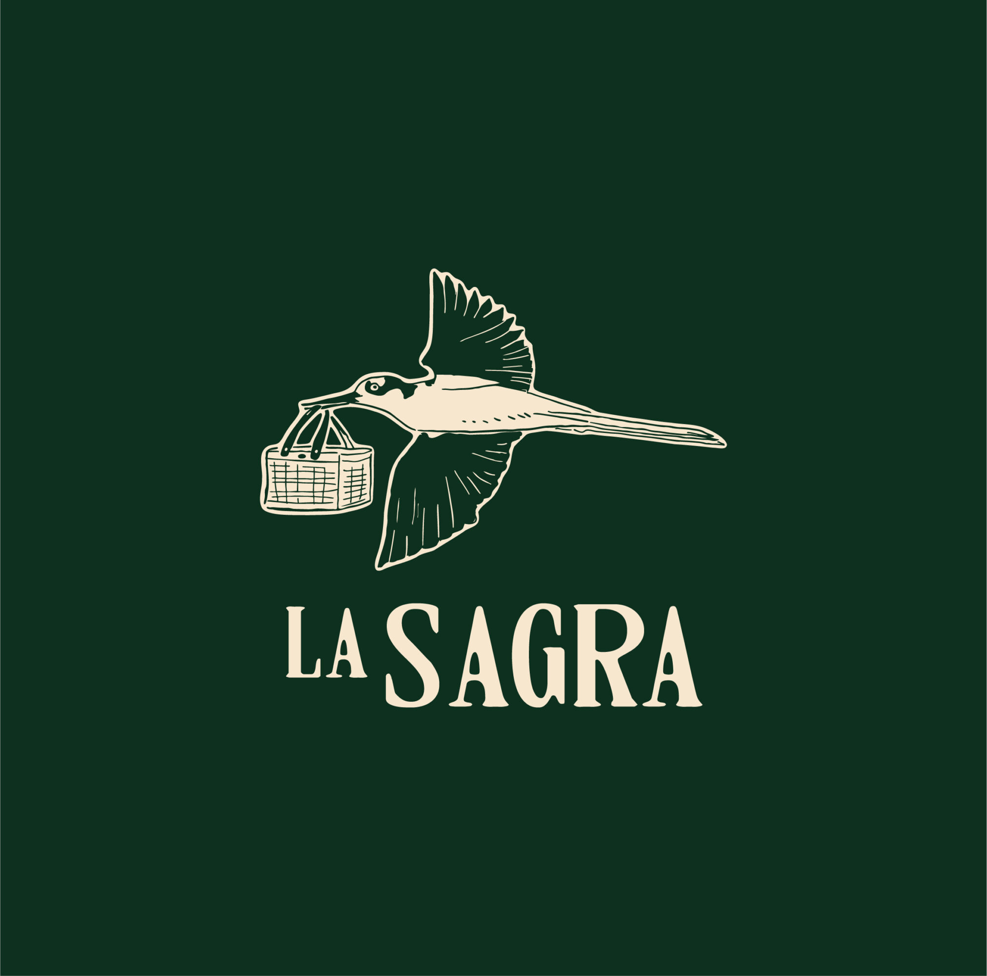 Hummingbird carrying a basket, with text 'LA SAGRA' below, on a dark green background.