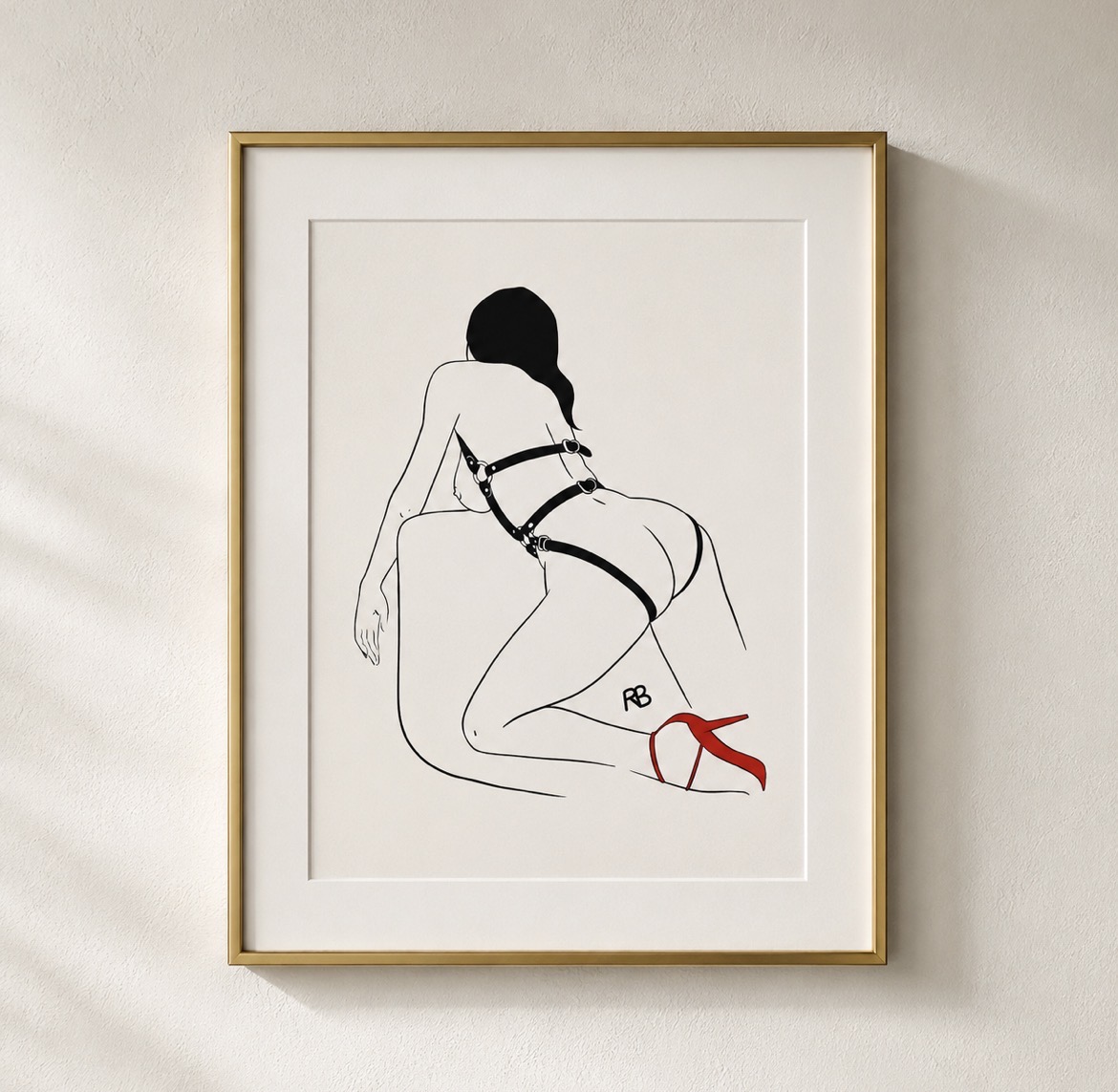 Line drawing of a woman in red high heels, kneeling with her back to the viewer, framed on a wall.