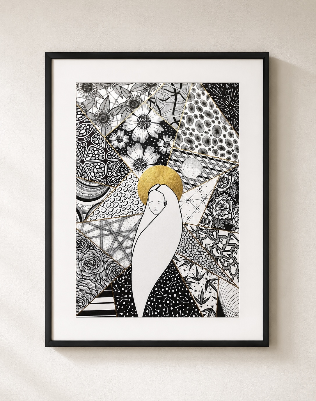 Black and white abstract artwork with a central figure of a woman with long hair, surrounded by intricate patterns and designs.