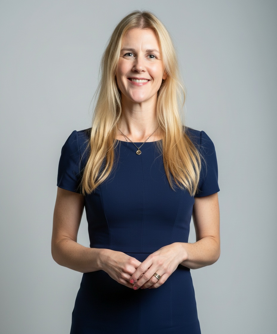 Woman with long blonde hair smiling, wearing a dark blue dress, standing against a light gray background.