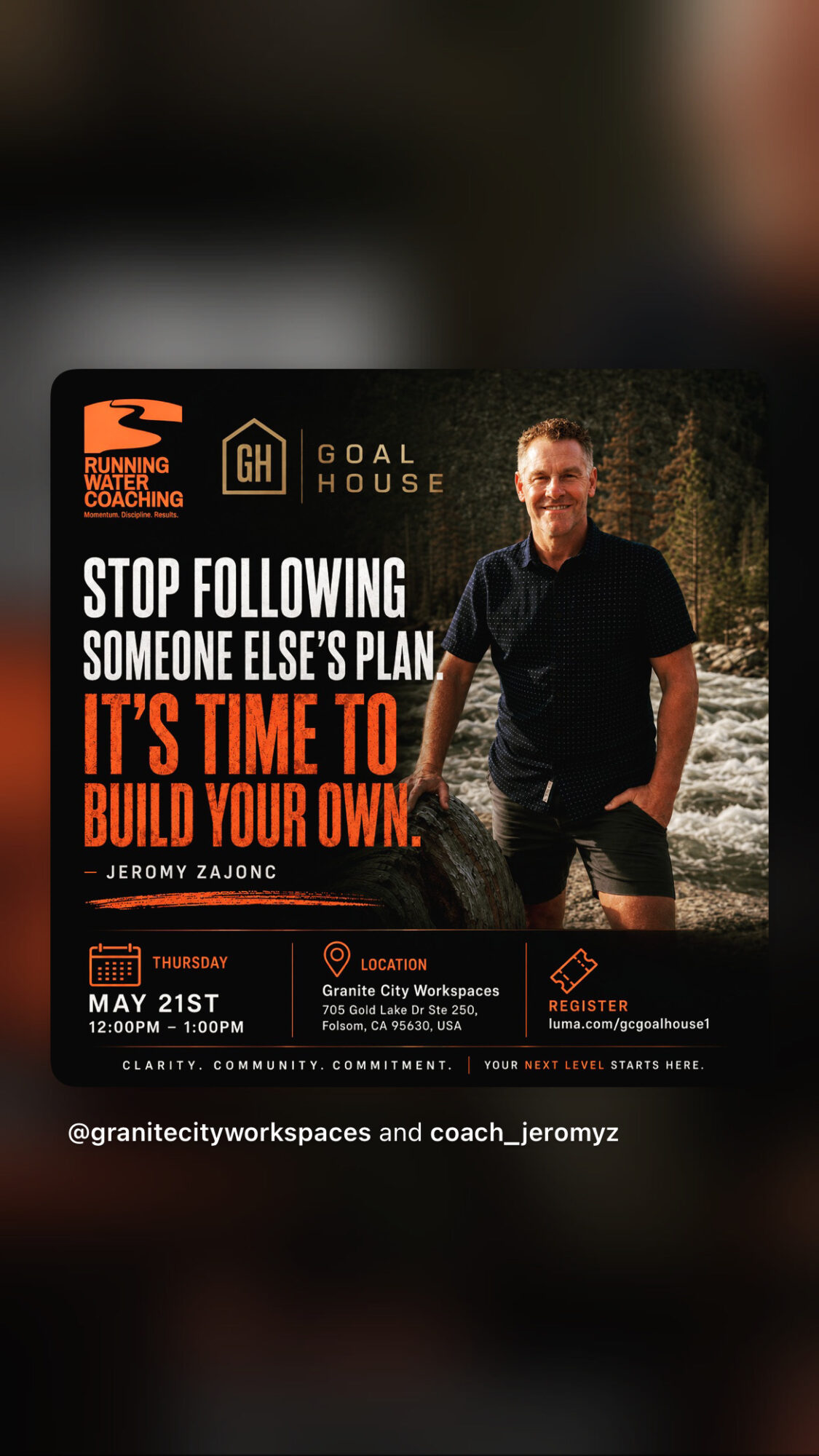 Poster with a man smiling, text about building your own plan, event details, and logos, on a dark background.