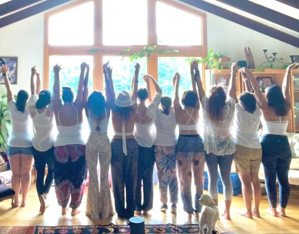 Group of people standing with arms raised indoors near large window, sunlight streaming in, plants and shelves visible behind.