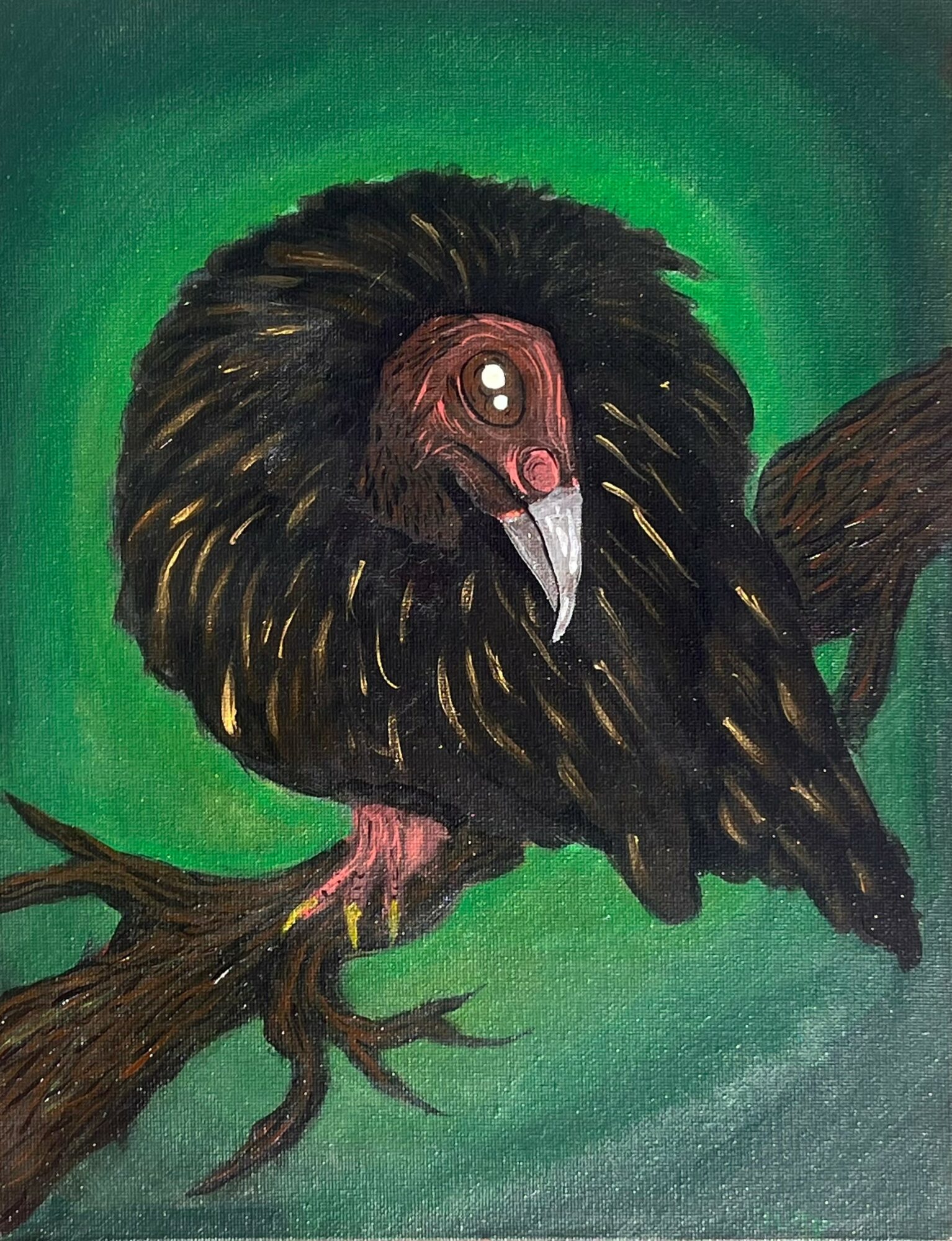 A bird with a human face perched on a branch against a green background.