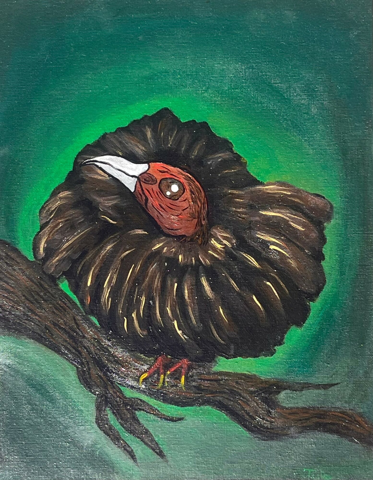 A bird with a red head and dark brown feathers perches on a branch against a green background.