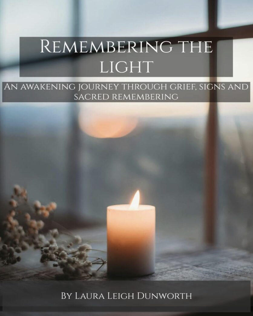 Book cover with a lit candle on a windowsill, blurred background, title 'Remembering the Light', author Laura Leigh Dunworth.