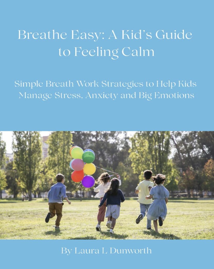 Children running in a park with colorful balloons, trees, and grass in the background, under a blue sky. Book cover title and author.