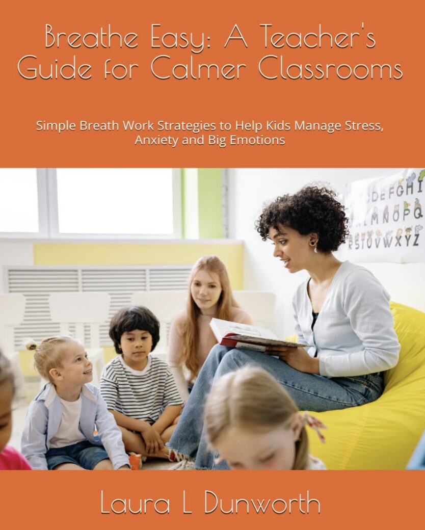 Teacher reading to children in a classroom with colorful walls and educational posters, children sitting attentively.