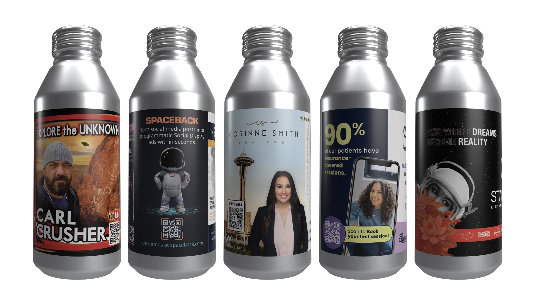 Five small bottles with labels featuring images and text, arranged in a row on a white background.