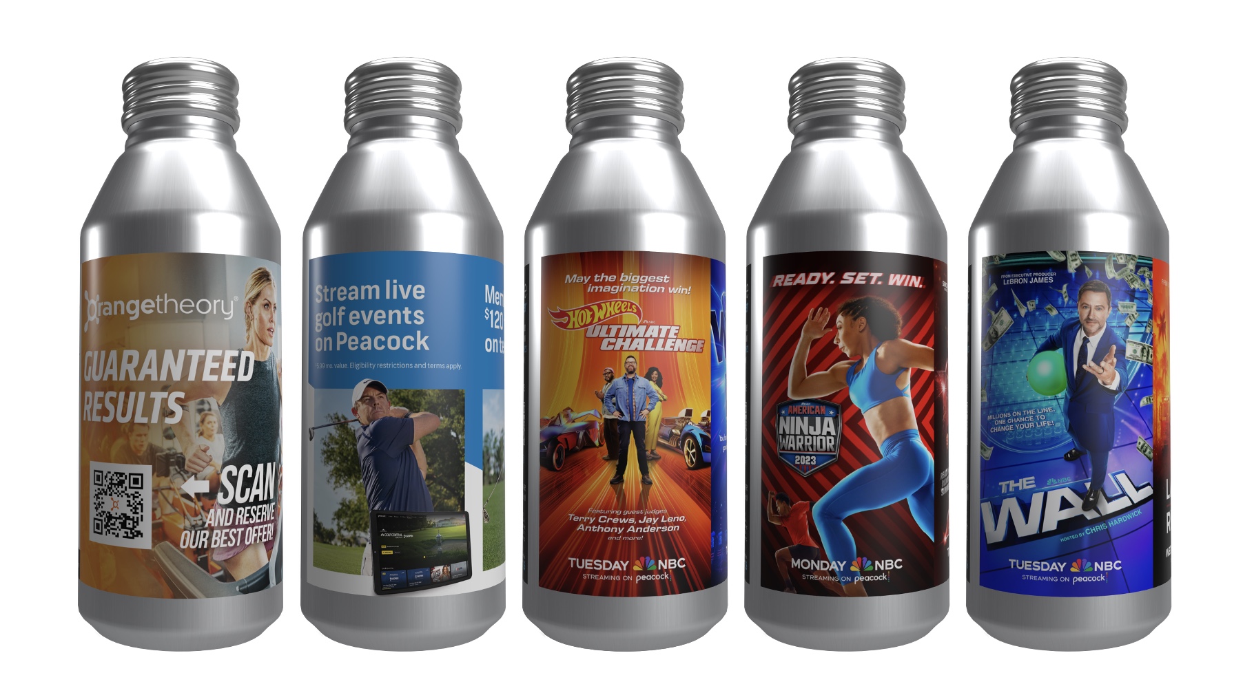 Five aluminum bottles with colorful labels, arranged in a row, featuring various designs and text.