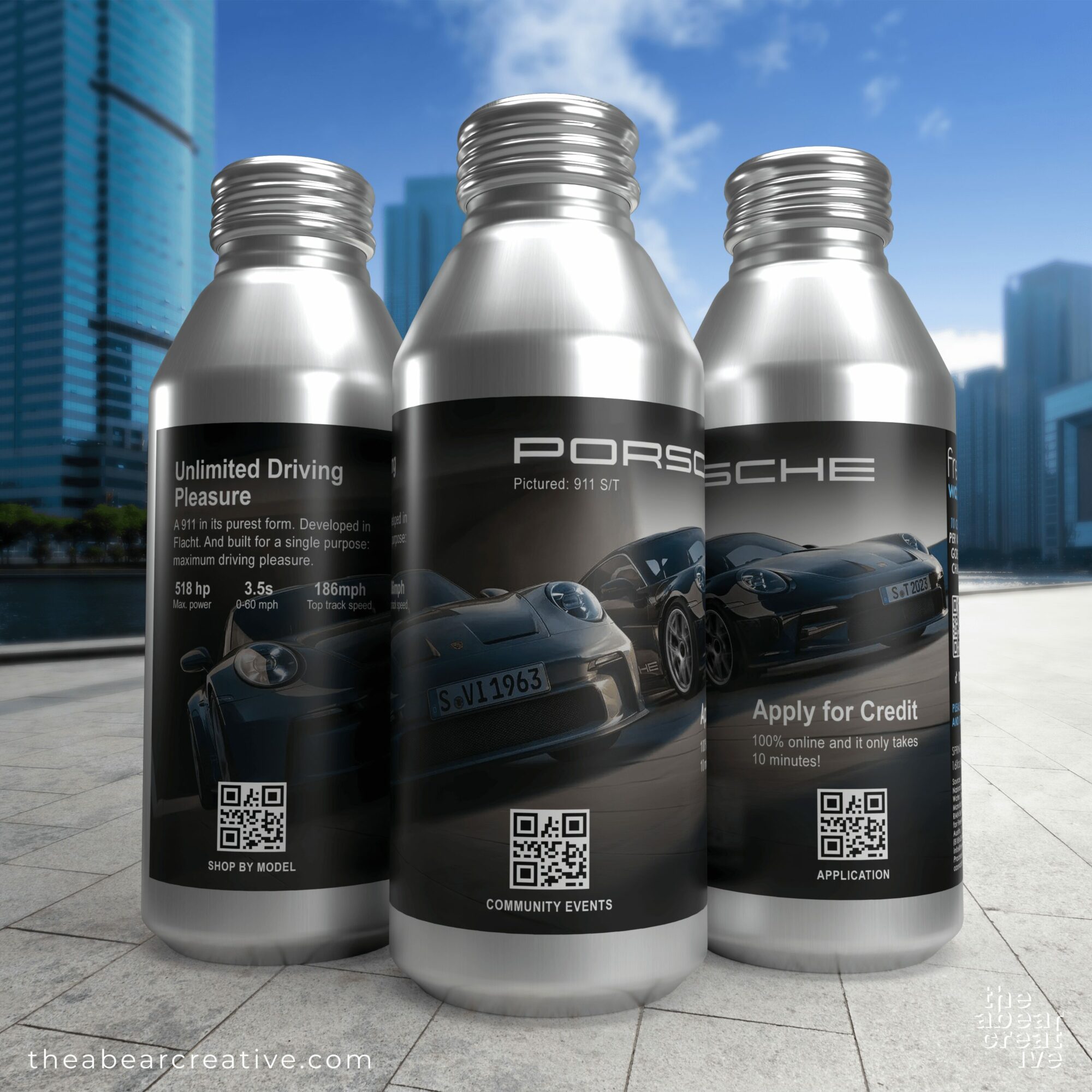 Three silver bottles with Porsche branding and car images, set against a cityscape background, on a tiled surface.