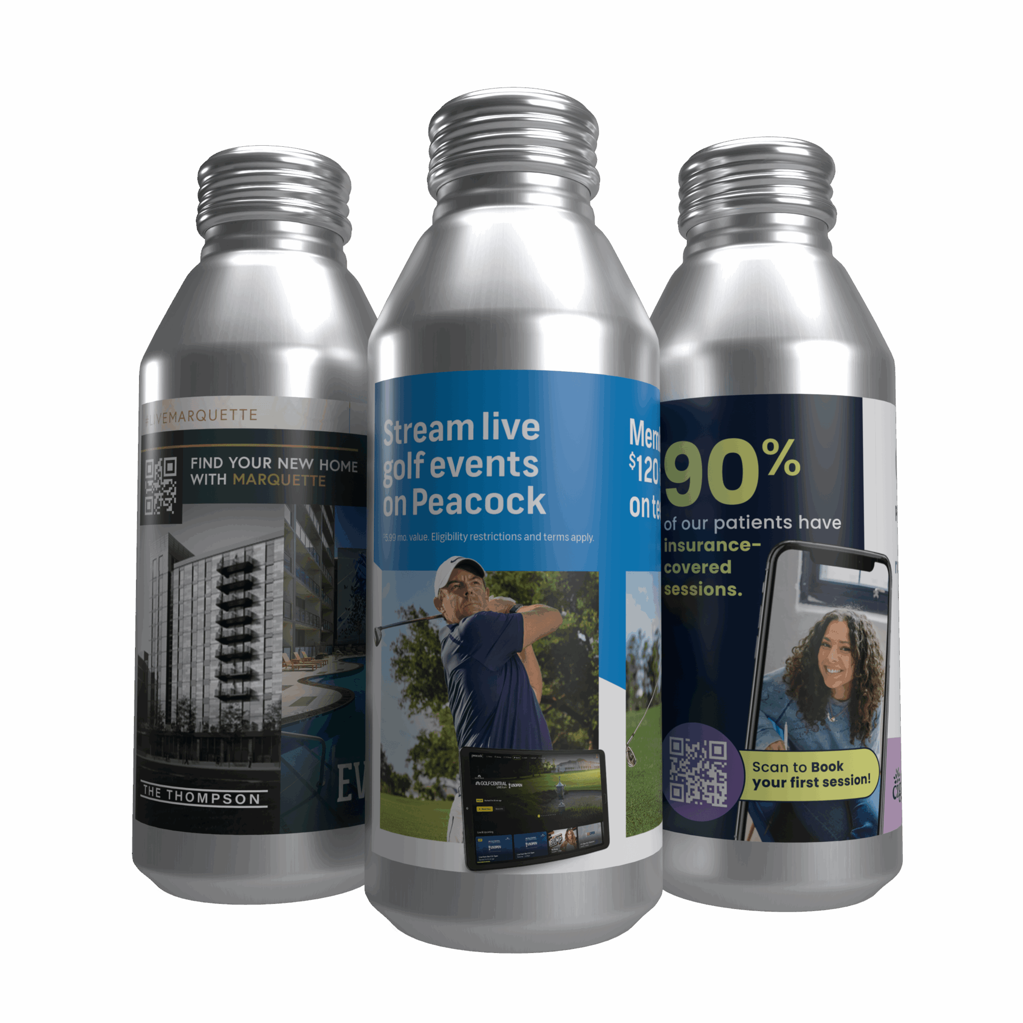 Three silver bottles with labels featuring text and images, set against a black background.