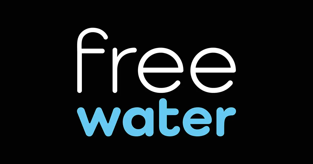 Text reads 'free water' with 'free' in white and 'water' in blue on a black background.