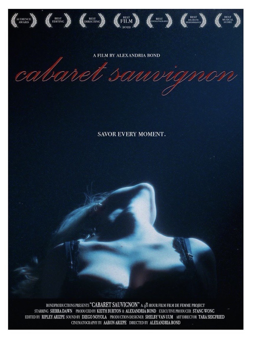 Poster with a woman in a dark setting, head tilted back, wearing a dress with straps, blue lighting, and film festival laurels at top.