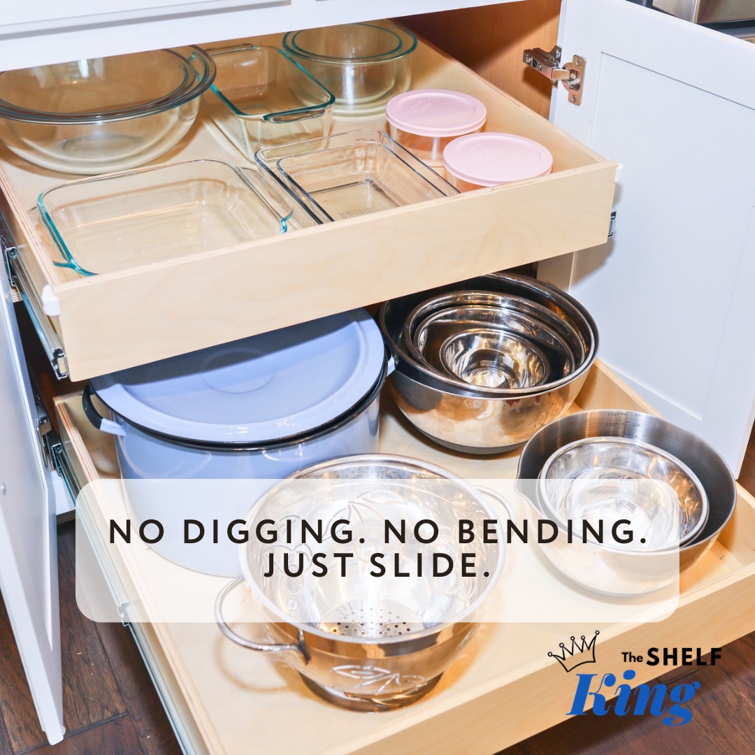 Open kitchen drawer with glass containers and pink lids, with text overlay about sliding shelves, and a logo in the corner.