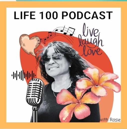 Black and white photo of a smiling woman with glasses, surrounded by flowers, musical notes, and a microphone, with colorful background.