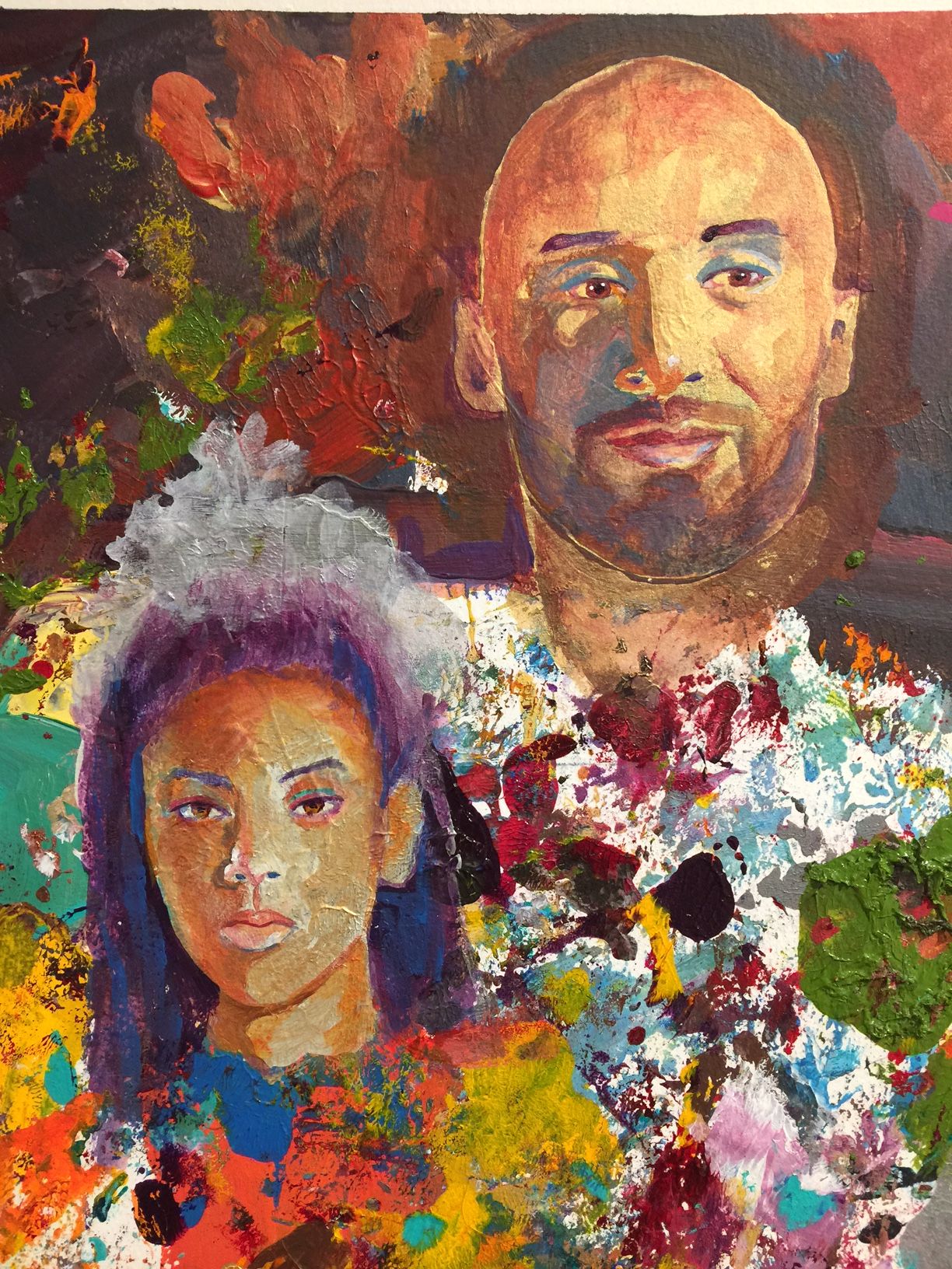 Two painted portraits of people with colorful abstract backgrounds, one with a beard and the other with curly hair.