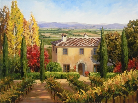 A painting of a countryside house surrounded by trees and a vineyard, with rolling hills in the background.