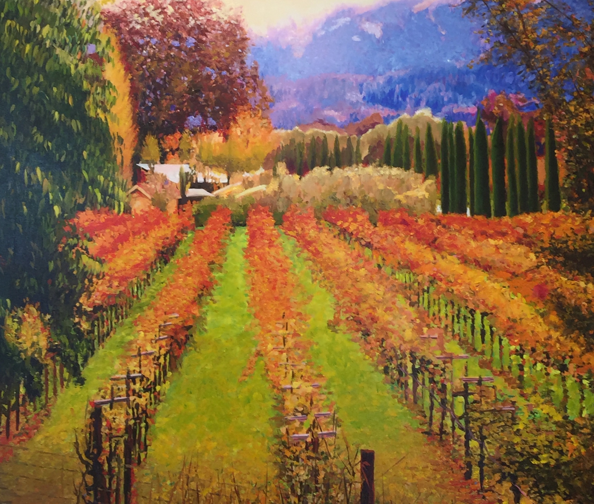 Vineyard with rows of grapevines, trees, and mountains in the background, painted in warm autumn colors.
