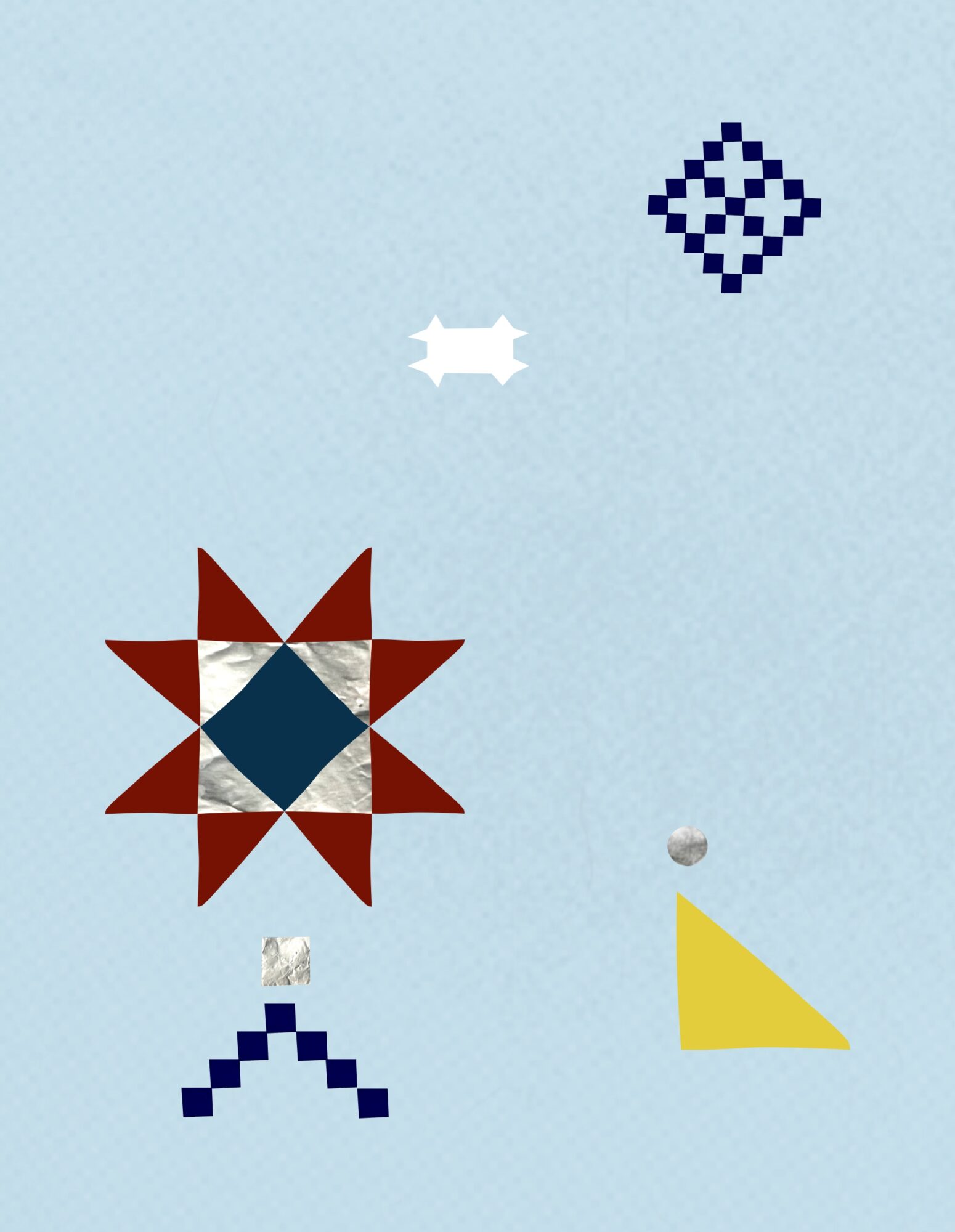 Various geometric shapes on a light blue background, including a star-like shape, a diamond, a triangle, and pixel patterns.