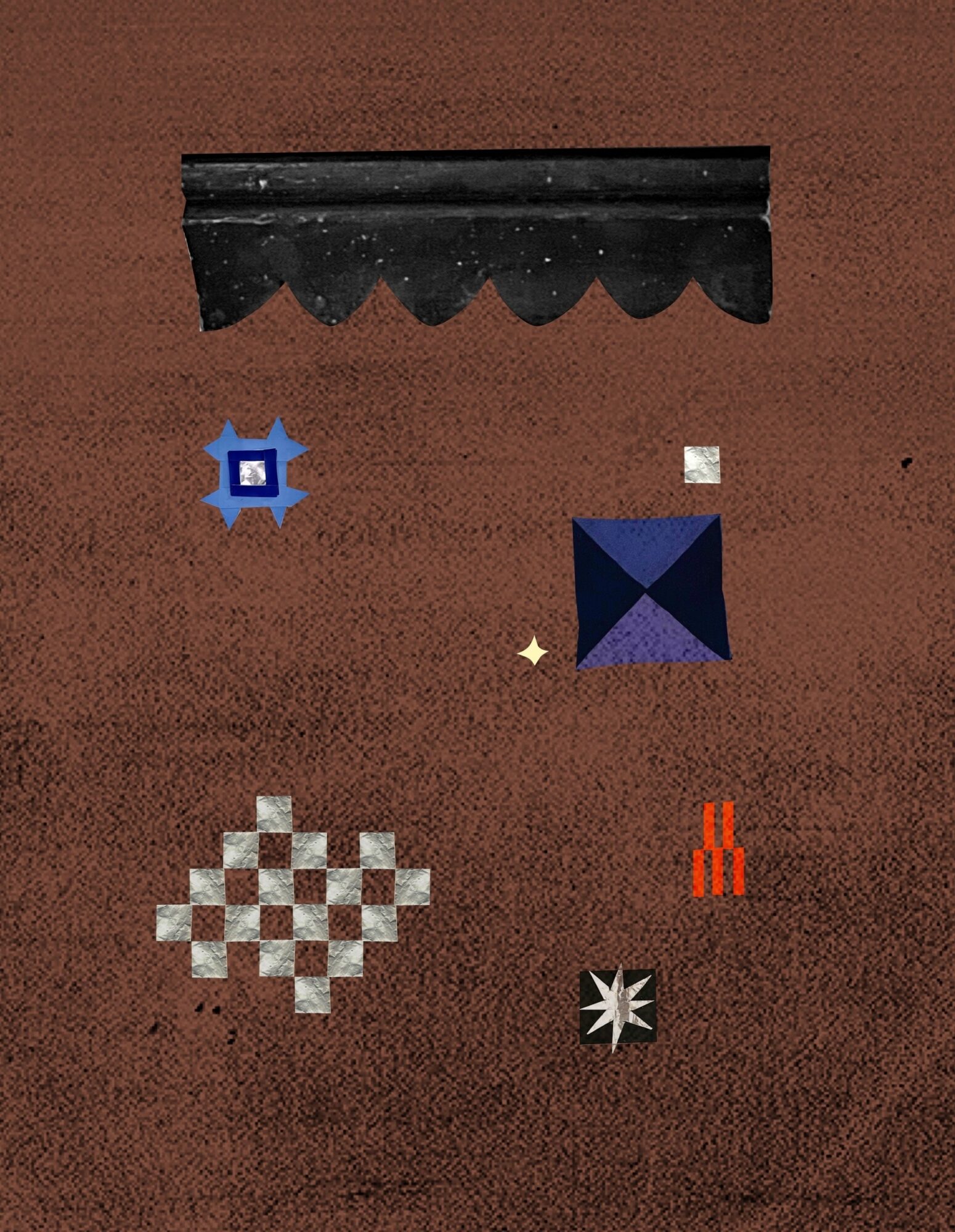 Upright view of a textured brown surface with various colorful geometric shapes and patterns.