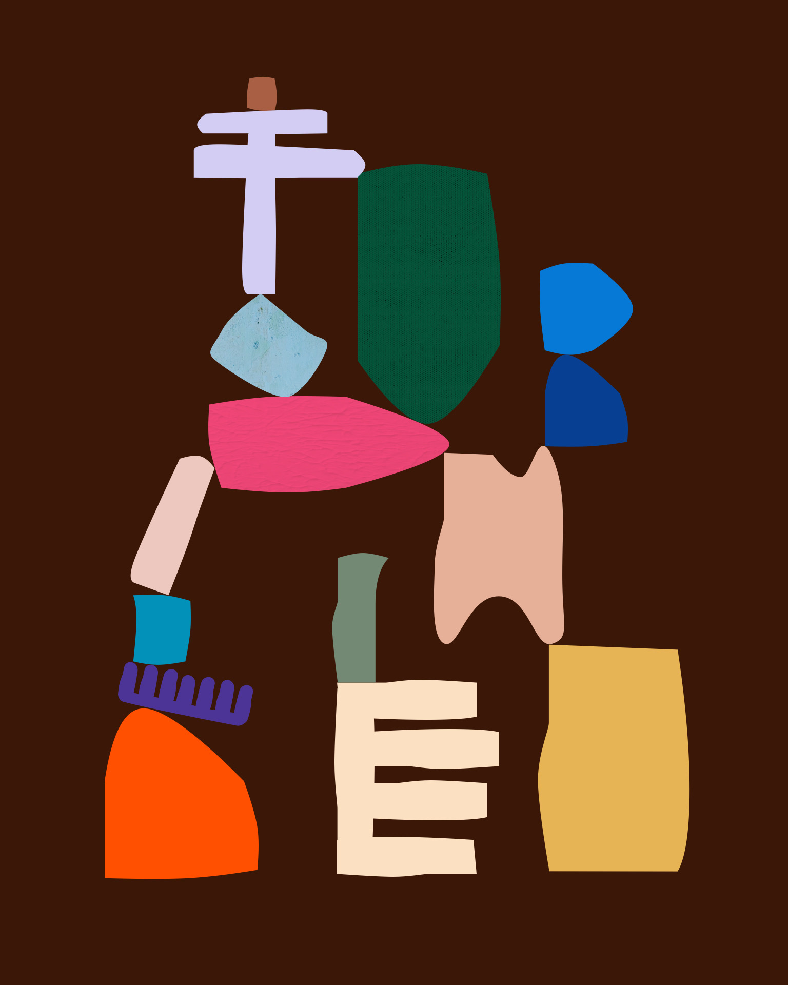 Colorful abstract shapes arranged vertically on a dark background, resembling a stylized figure or object.