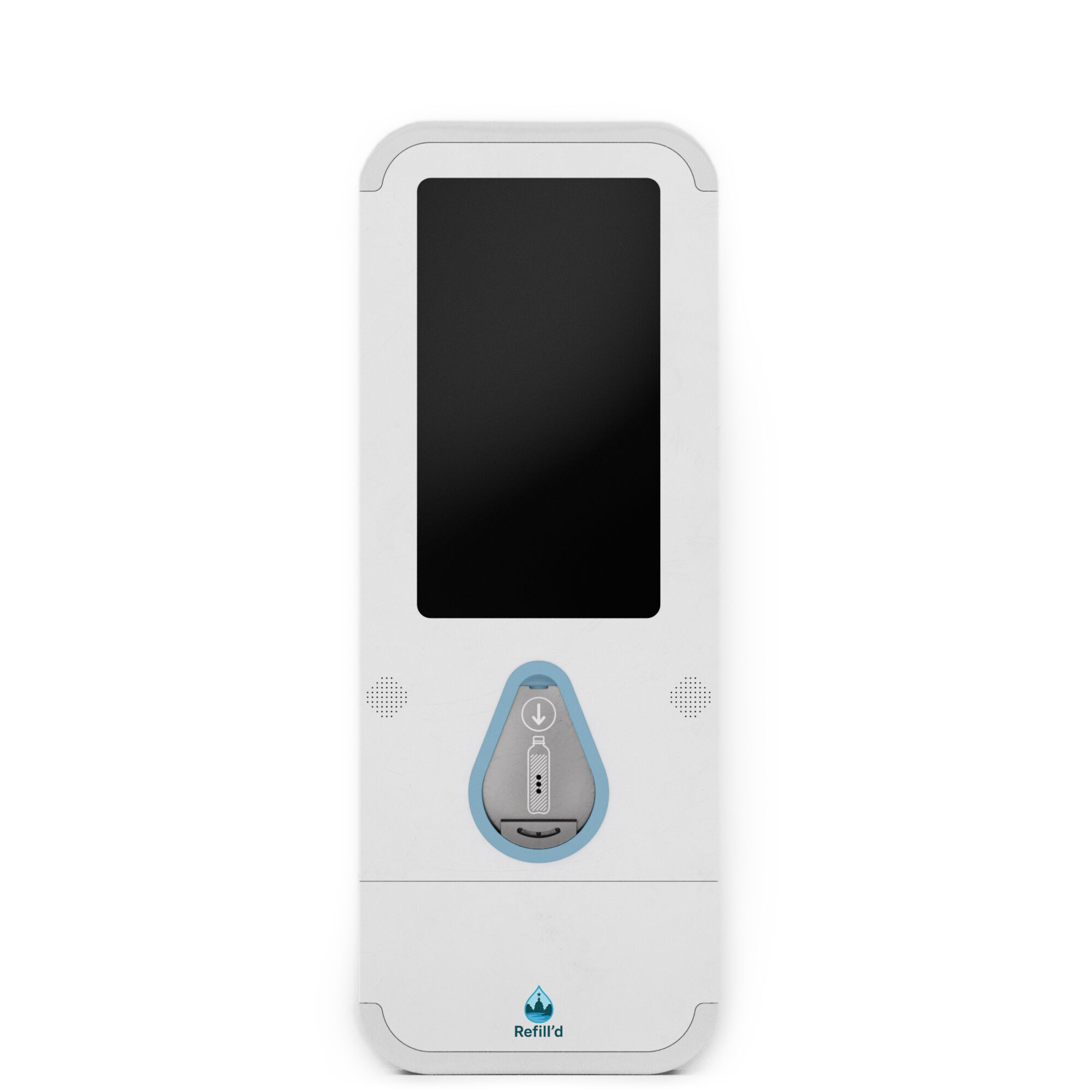 Vertical medical device with a large screen and a blue and gray control panel, and a logo at the bottom.