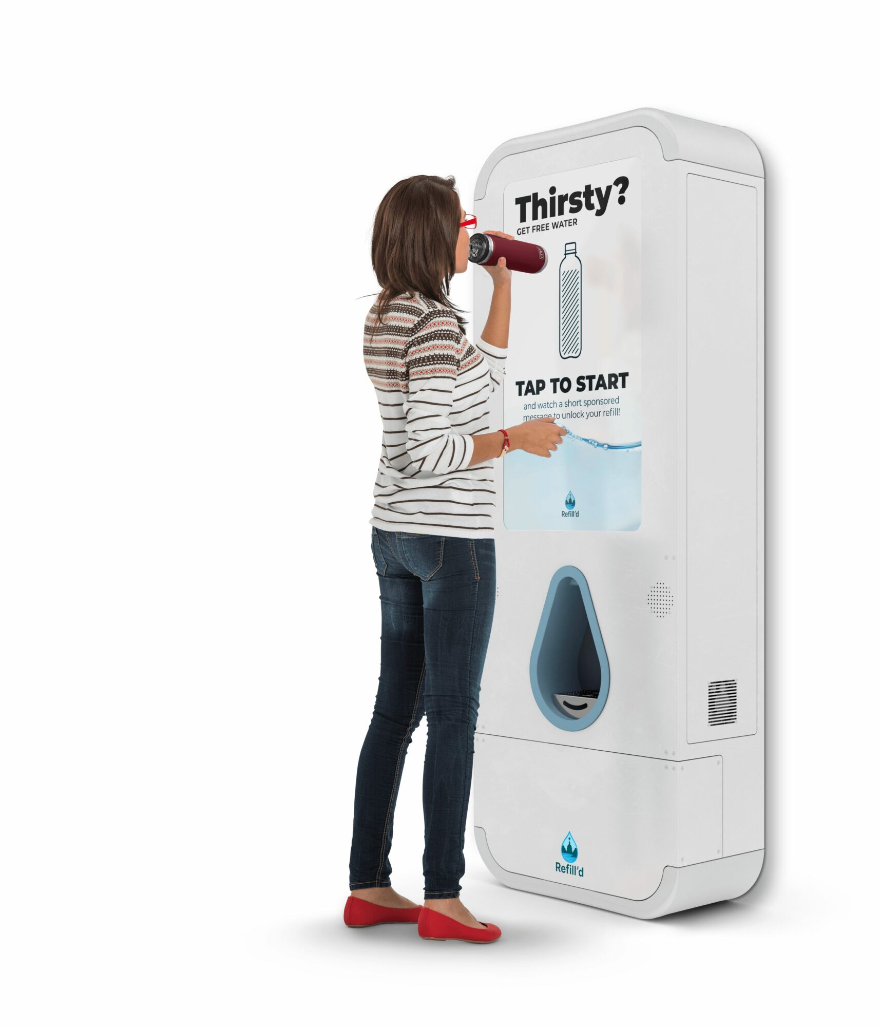 Woman using a water dispenser with a touch screen, wearing a striped shirt, jeans, and red shoes, drinking water.