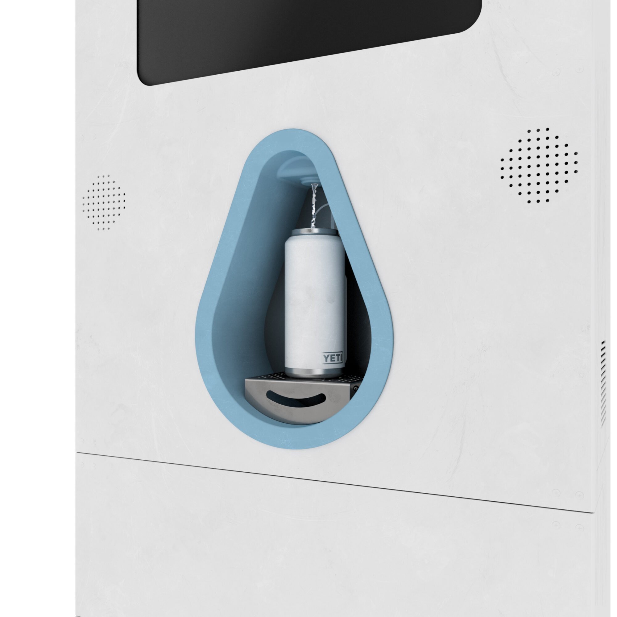 A white hand sanitizer dispenser inside a blue recessed compartment on a white wall, with two small speaker holes nearby.
